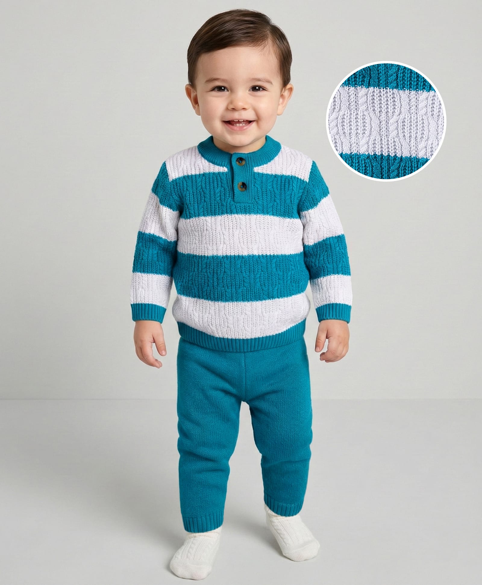 Babyhug Cotton Knit Full Sleeves Sweater Set With Stripes -Teal Blue & White-image-37
