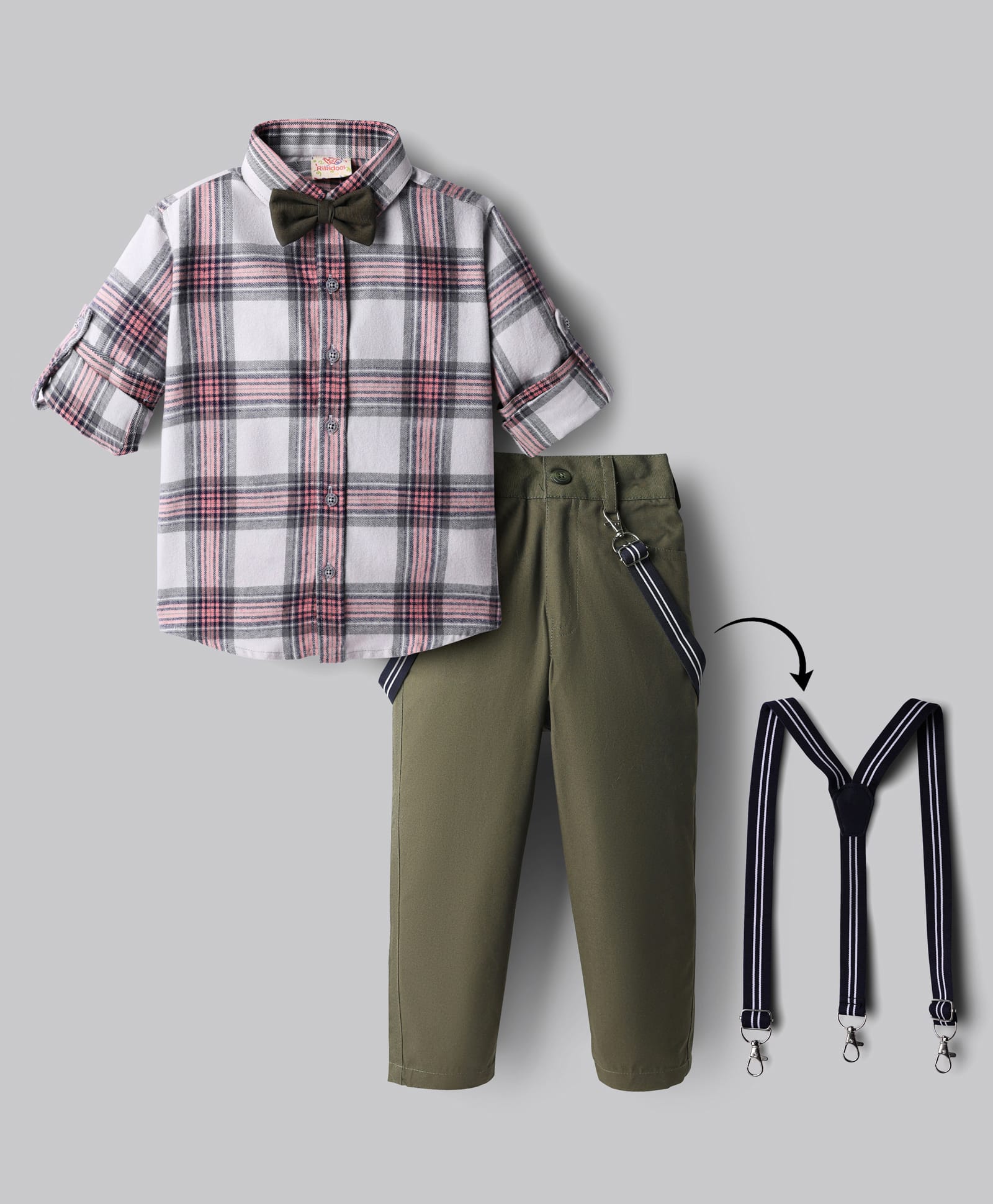 Rikidoos Full Sleeves Checked Shirt Pant With Bow & Suspender Set - Light Grey & Olive-picture-20