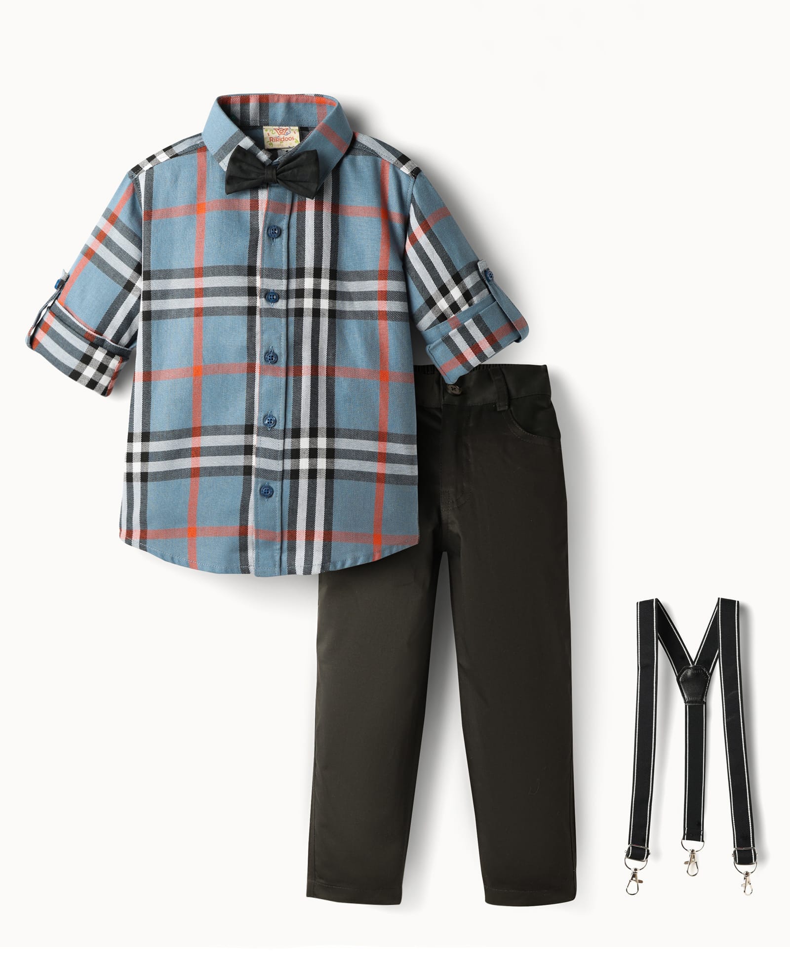 Rikidoos Full Sleeves Checked Shirt Pant With Bow & Suspender Set - Light Blue & Black-picture-34