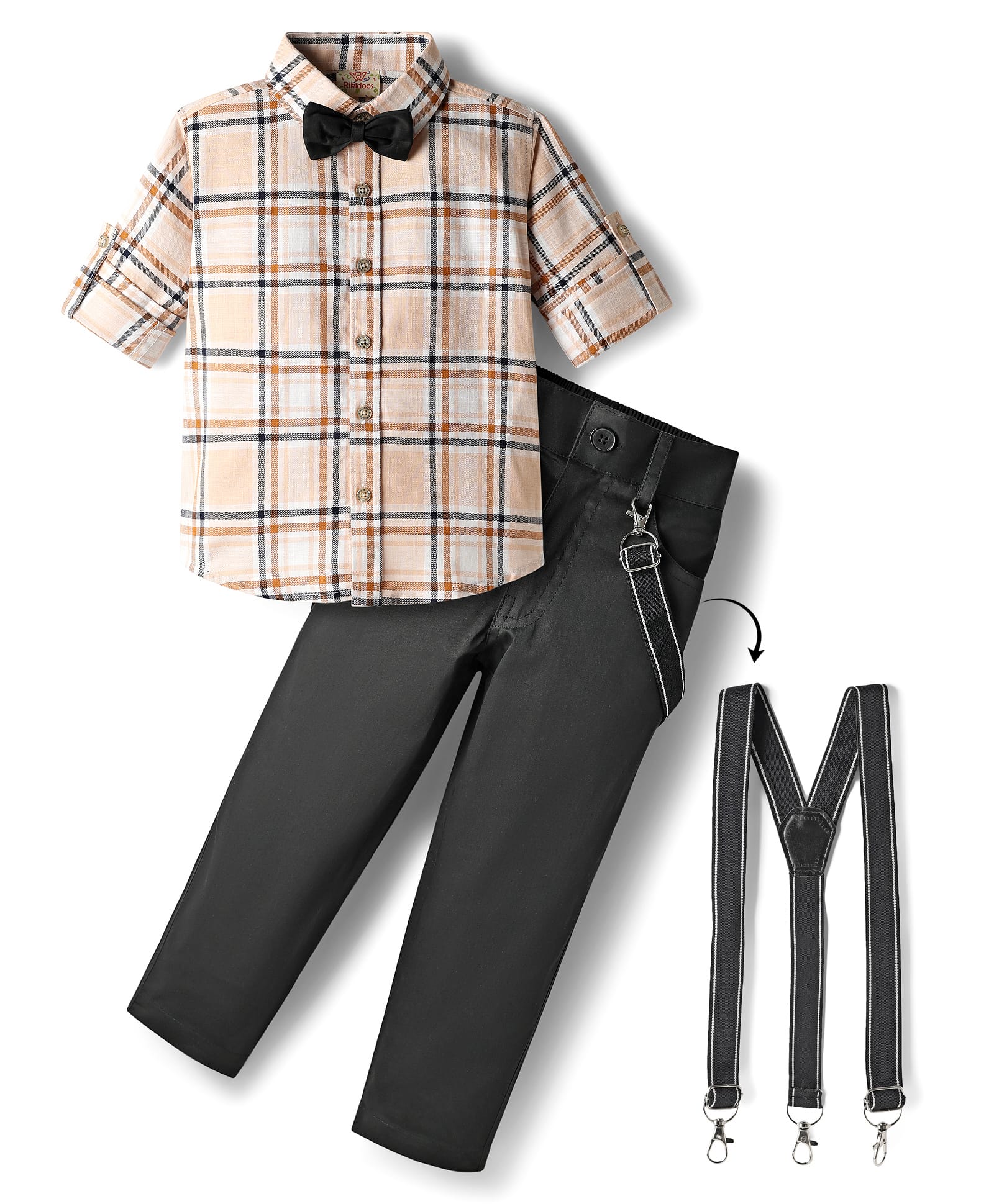 Rikidoos Full Sleeves Checked Shirt Pant With Bow & Suspender Set - Light Peach & Black-image-2