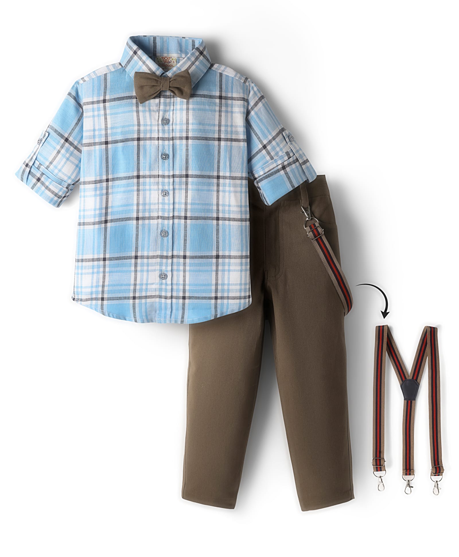 Rikidoos Full Sleeves Checked Shirt Pant With Bow & Suspender Set - Sky Blue & Khaki-picture-31