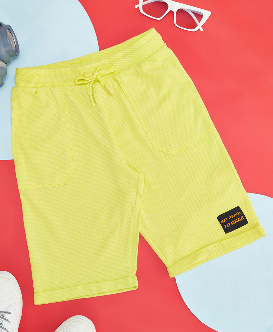 Pantaloons Junior Cotton Knit Get Ready To Race Text Patch Detailed Shorts - Limegreen-picture-18