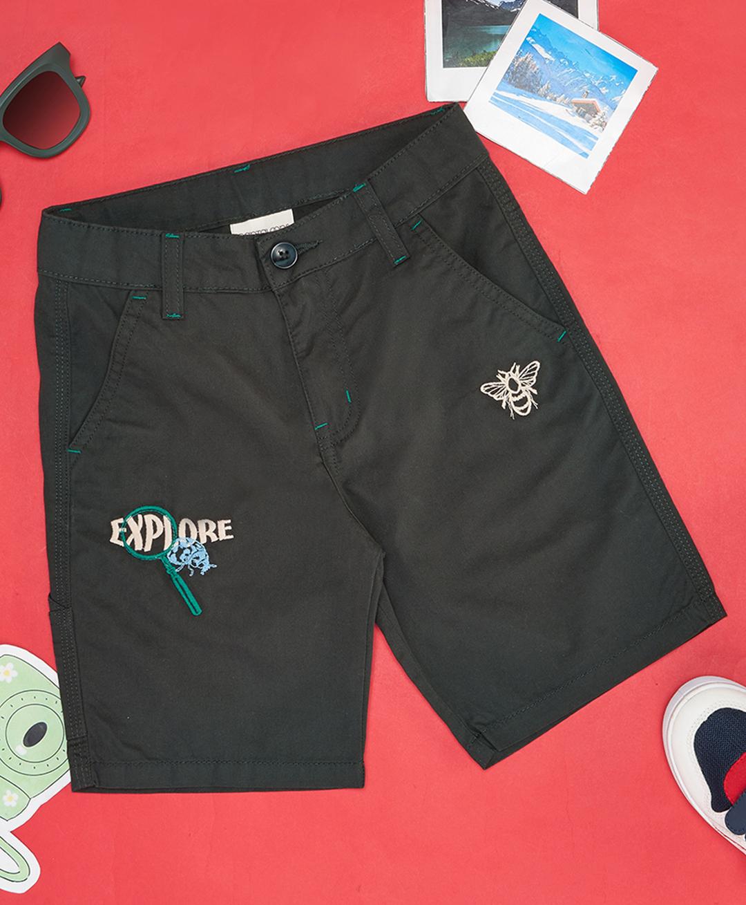 Pantaloons Junior Cotton Woven Explore Text Printed Shorts - Dark Green-picture-22