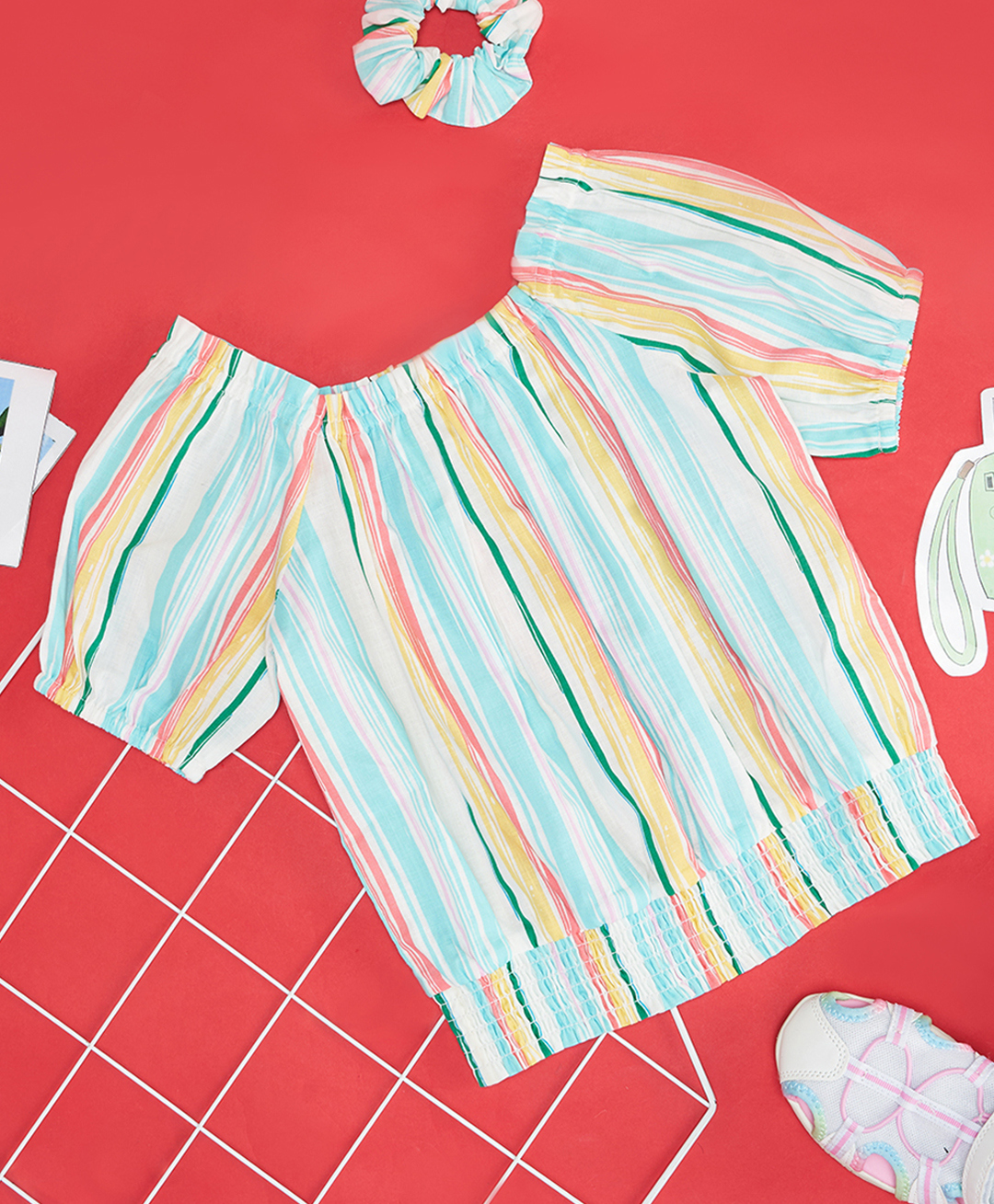 Pantaloons Junior Cotton Woven Half Puffed Sleeves Striped Top With Rubber Band - Multi Colour-image-34