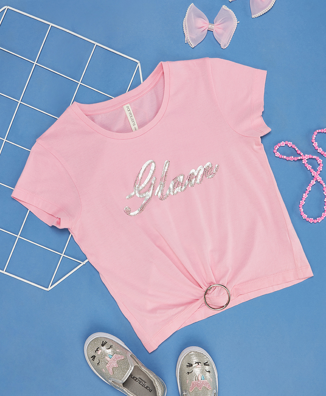 Pantaloons Junior Viscose Knit Half Sleeves Glam Text Foil Printed Tie Up Top - Pink-image-26