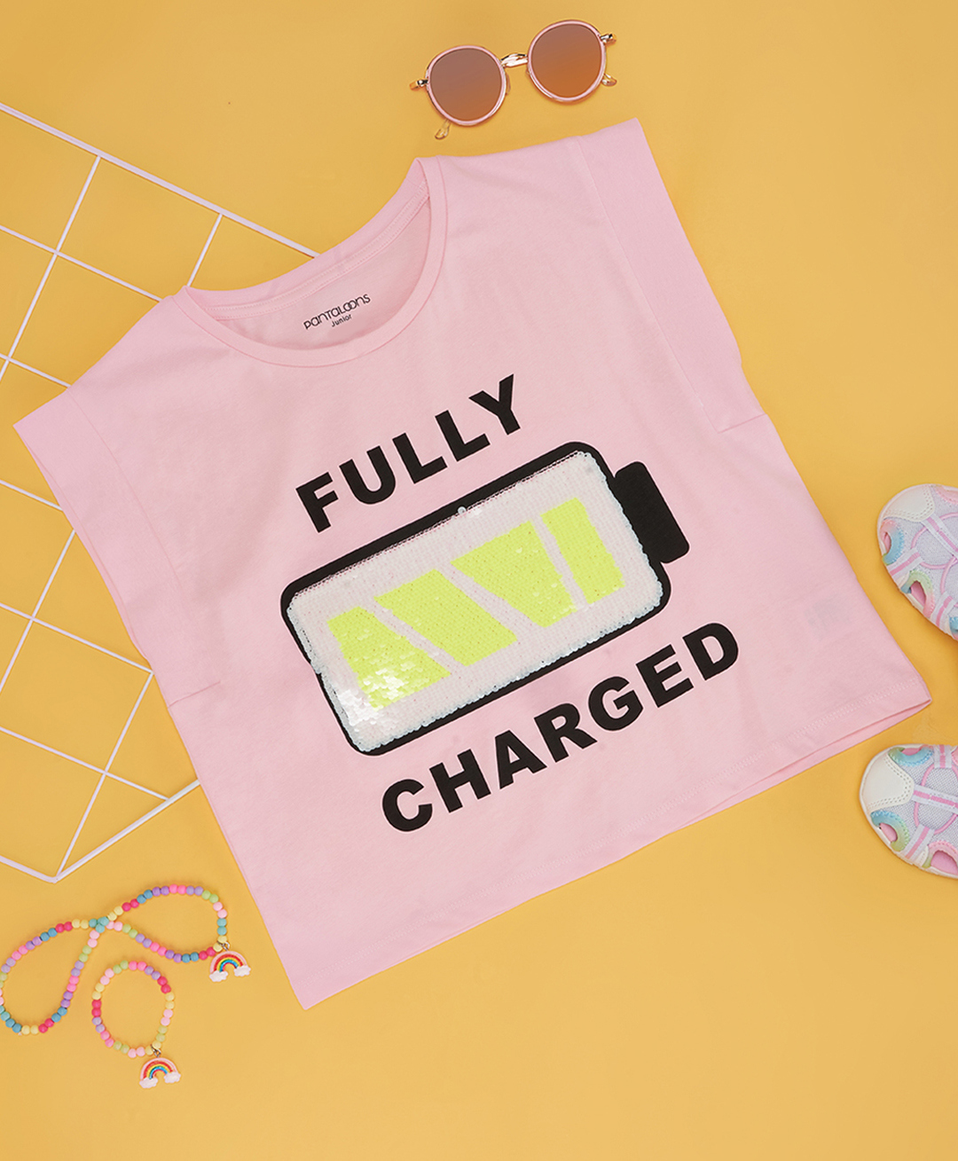 Pantaloons Junior Cotton Knit Sleeveless Fully Charged Text Printed Top - Pink-picture-34