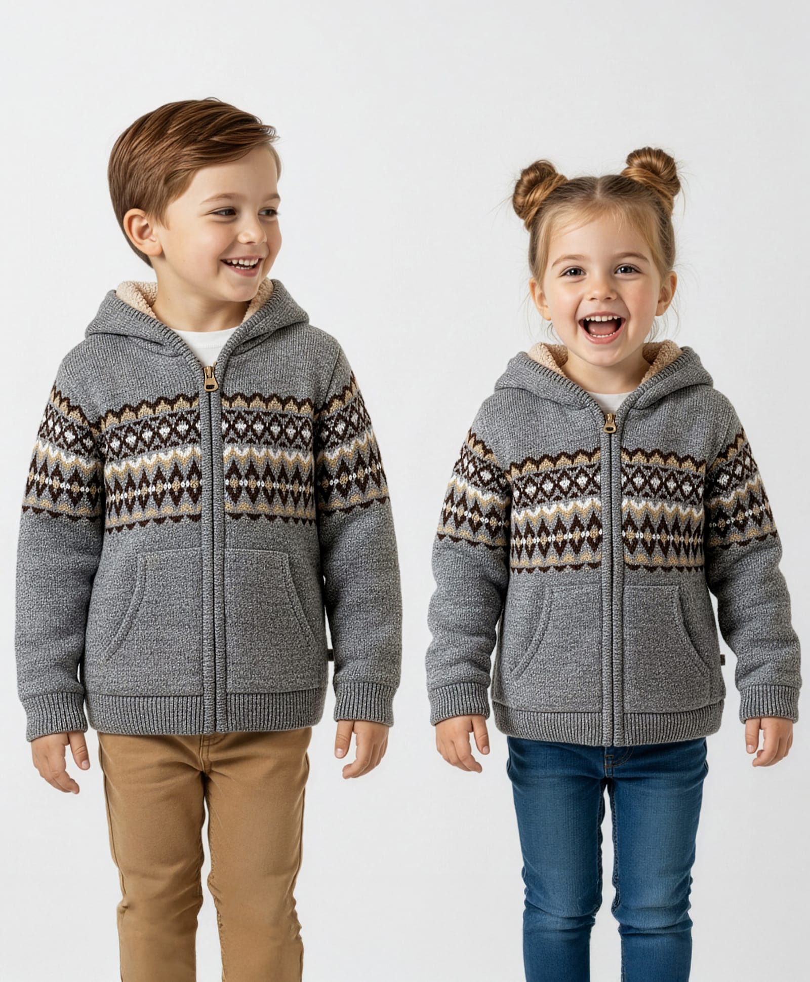 Yellow Apple Knit Full Sleeves Hooded Sweater With Zig Zag Design & Kangaroo Pocket - Grey-image-26