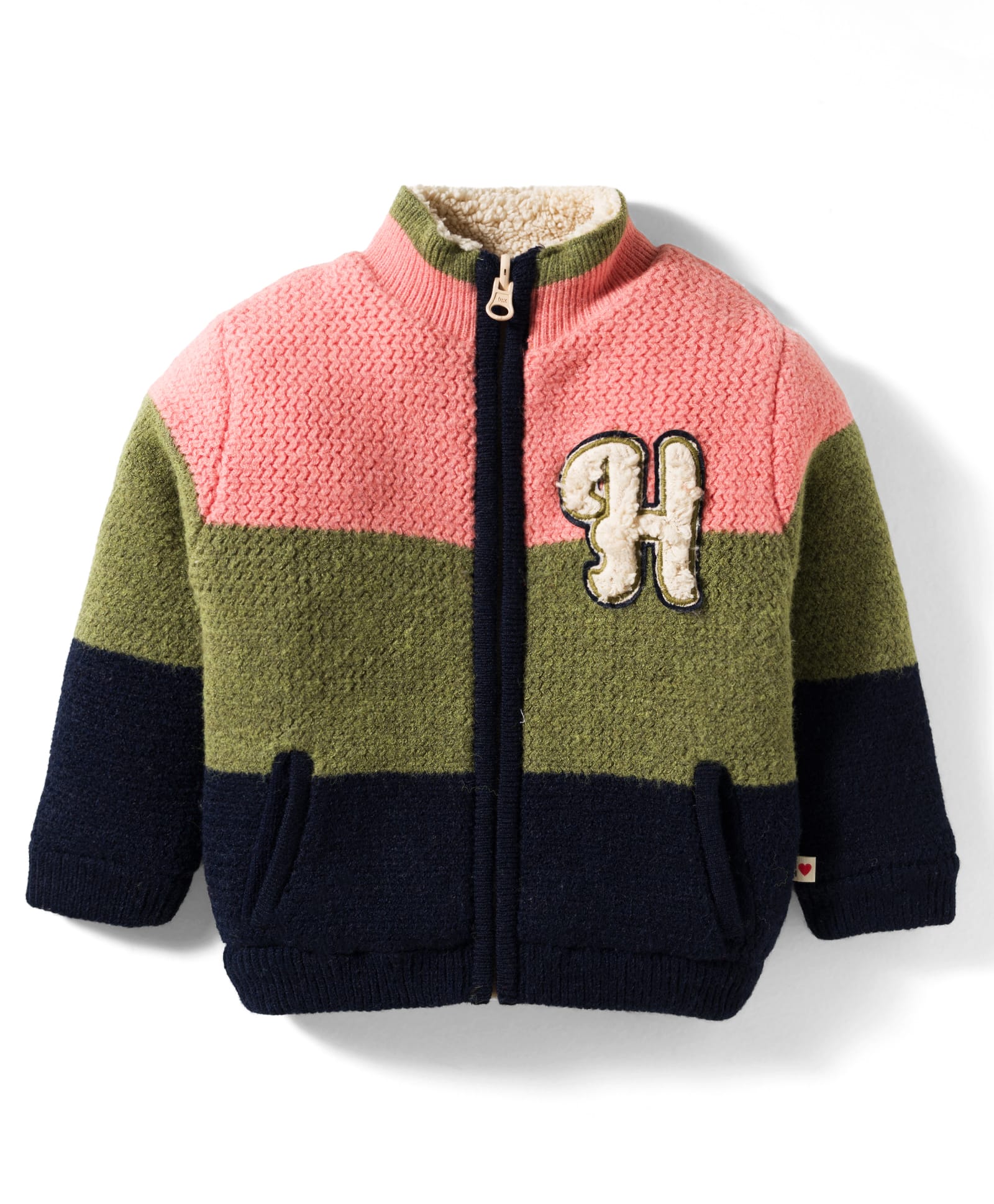 Yellow Apple Knit Full Sleeves Front Open Sweater with Color Block & Patch Detailing - Olive Green-picture-31