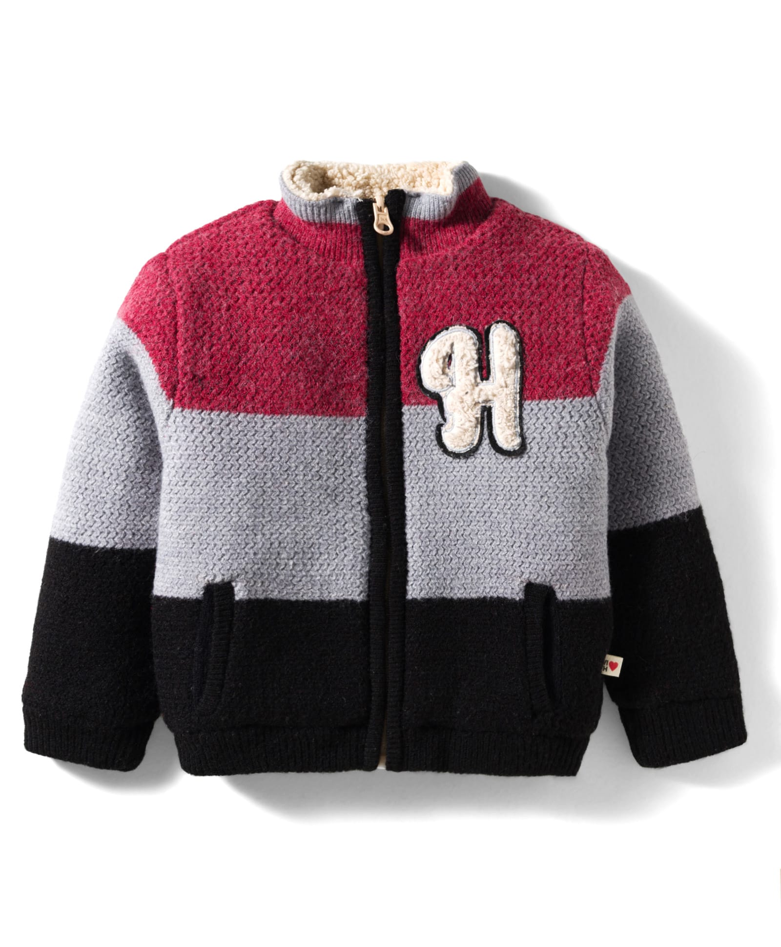 Yellow Apple Knit Full Sleeves Front Open Sweater with Color Block & Patch Detailing - Grey-picture-30
