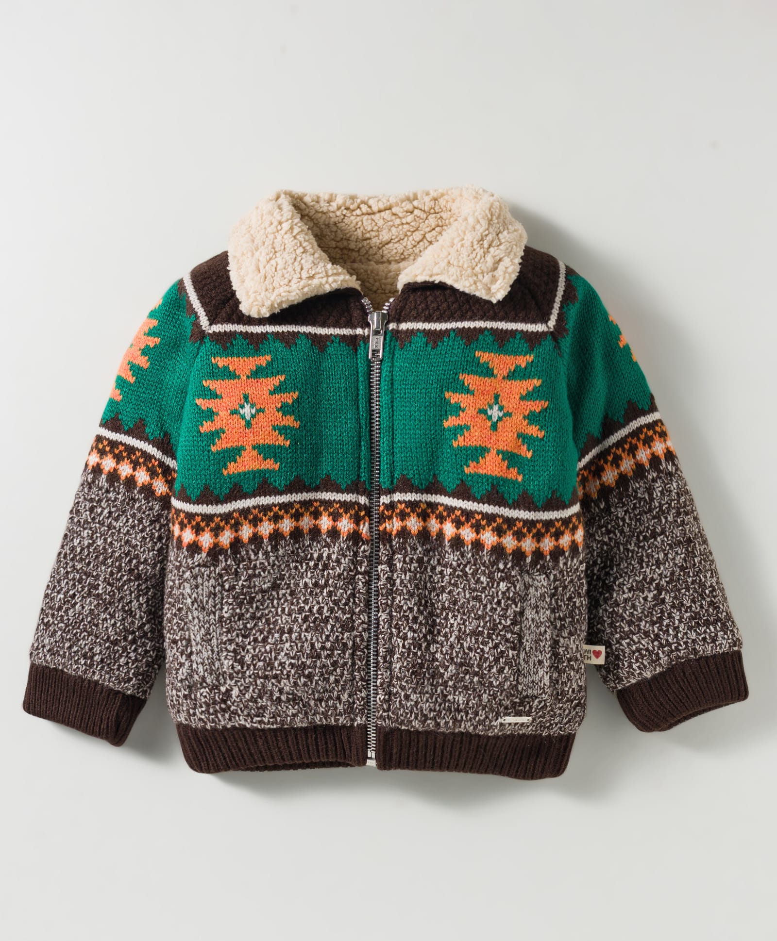 Yellow Apple Knit Full Sleeves Front Open Sweater with Aztec Design - Green-picture-12