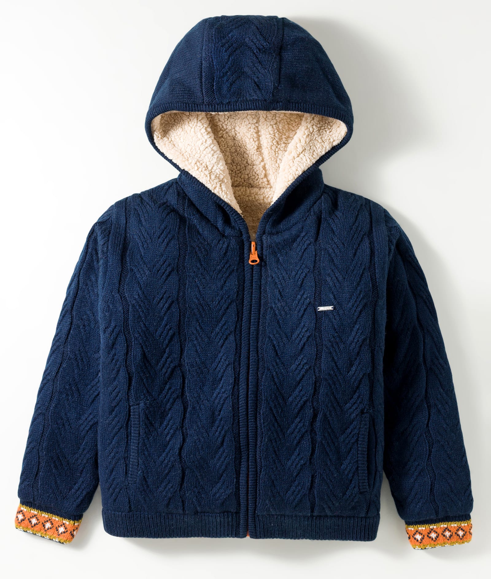 Yellow Apple Knitted Full Sleeves Hooded Front Open Sweater With Cable Knit Design - Navy Blue-image-35
