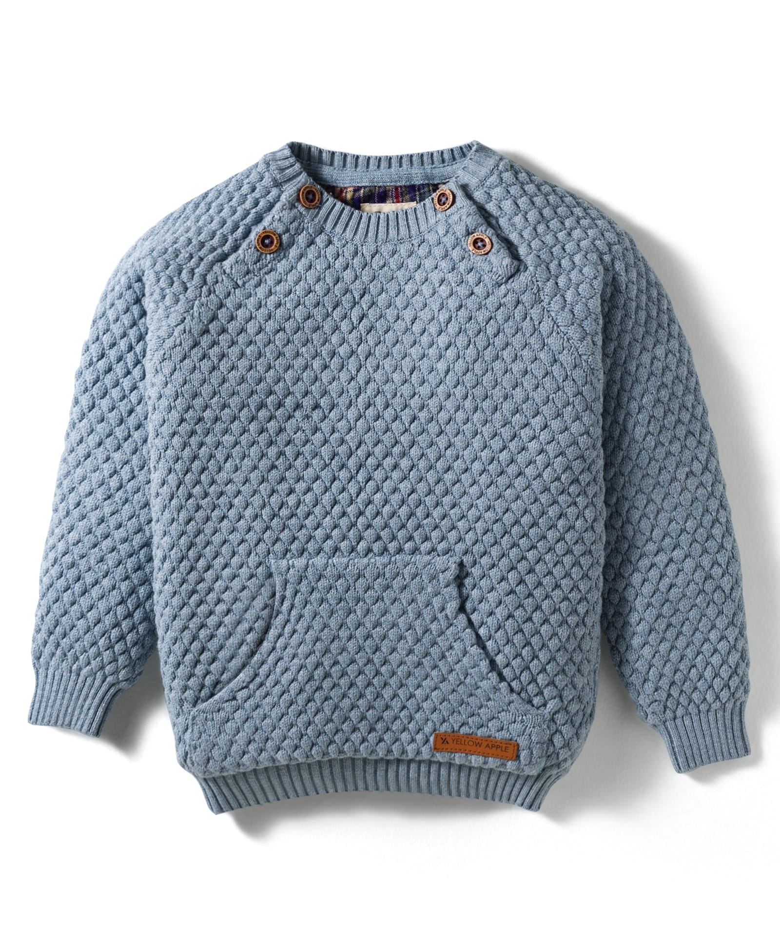 Yellow Apple Knit Full Raglan Sleeves Pullover Solid Color Sweater with Kangaroo Pocket - Light Blue-picture-11