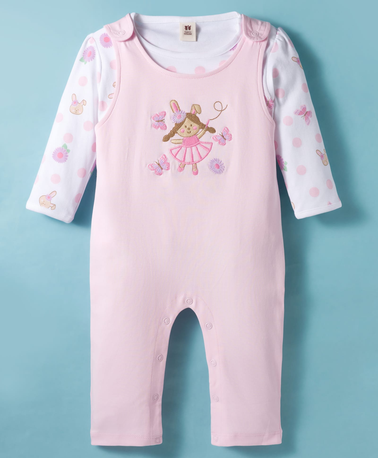 ToffyHouse Knitted Full Sleeves Dungaree Style Romper Butterfly Print & Embroidery - Pink-picture-26
