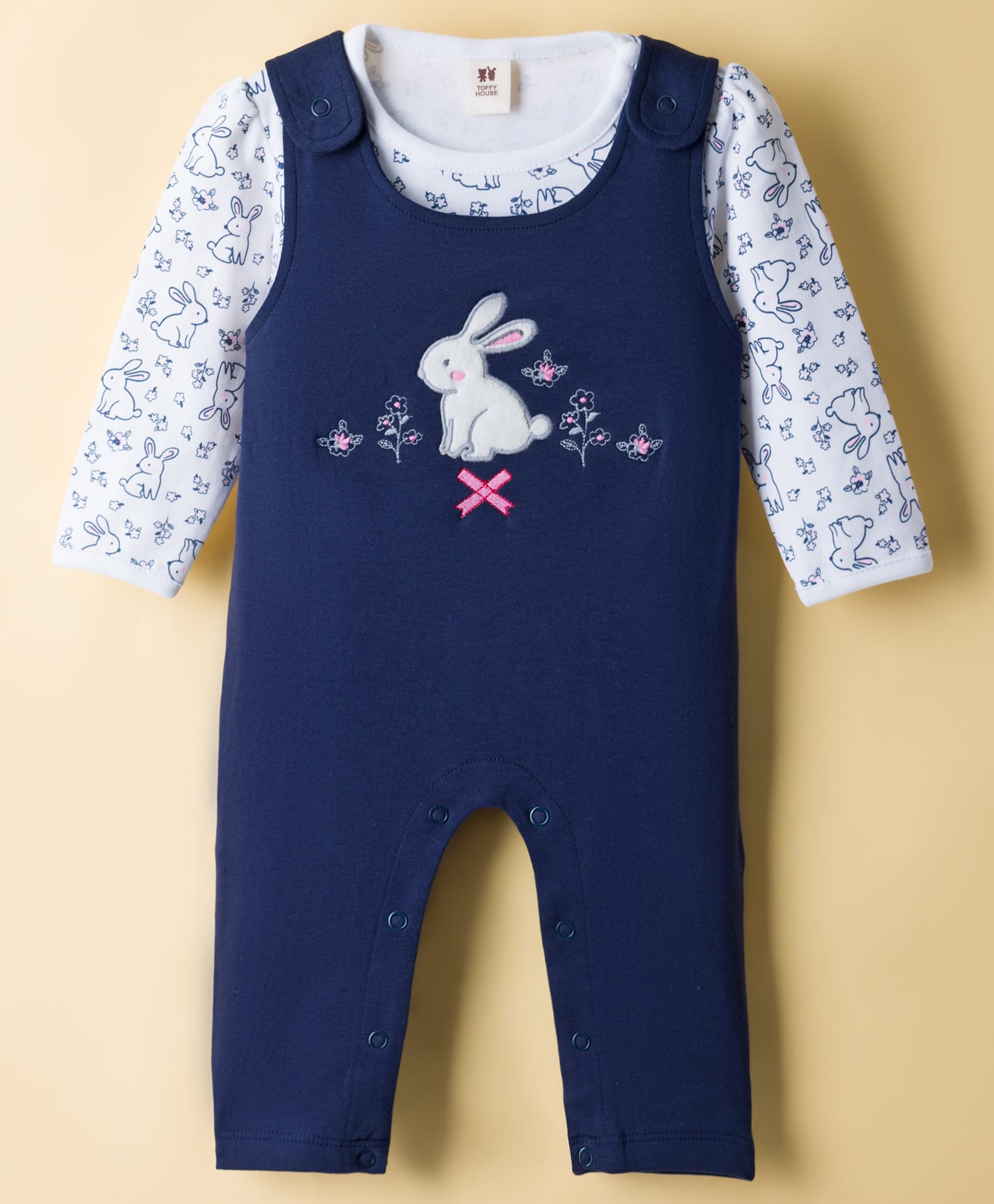 ToffyHouse Knit Full Sleeves T-Shirt & Dungaree Style Romper With Animal Print & Embroidery - Navy Blue & White-image-45