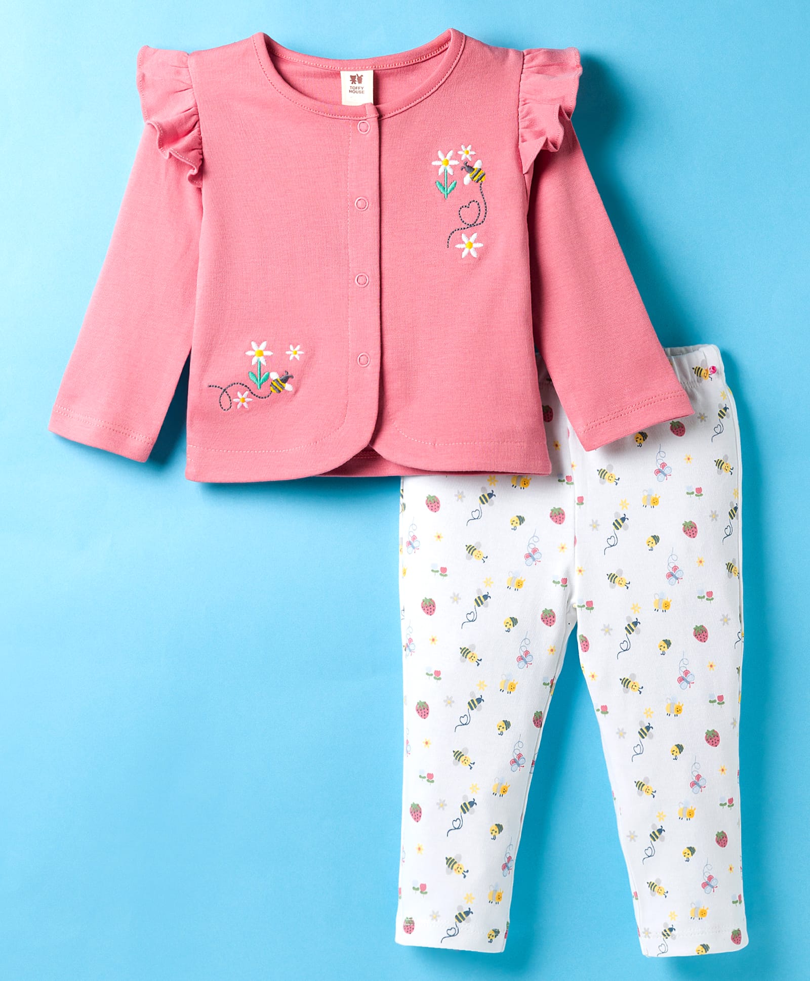 ToffyHouse Interlock Knit Full Sleeves Night Suit With Floral & Honeybee Print & Embroidery - Pink & White