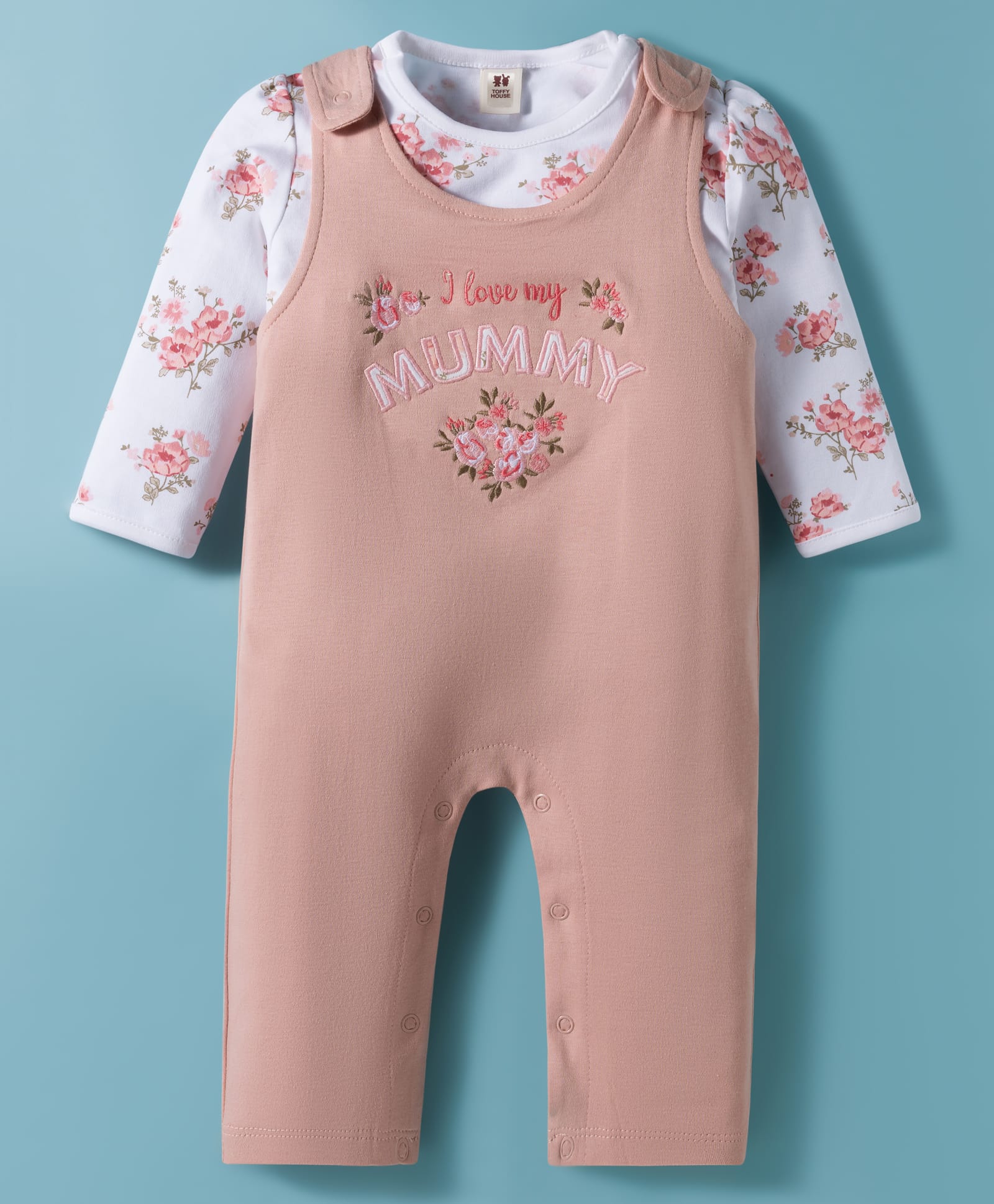 ToffyHouse Knitted Dungaree & Full Sleeves Inner Tee With Floral Print - Rose Gold-image-2