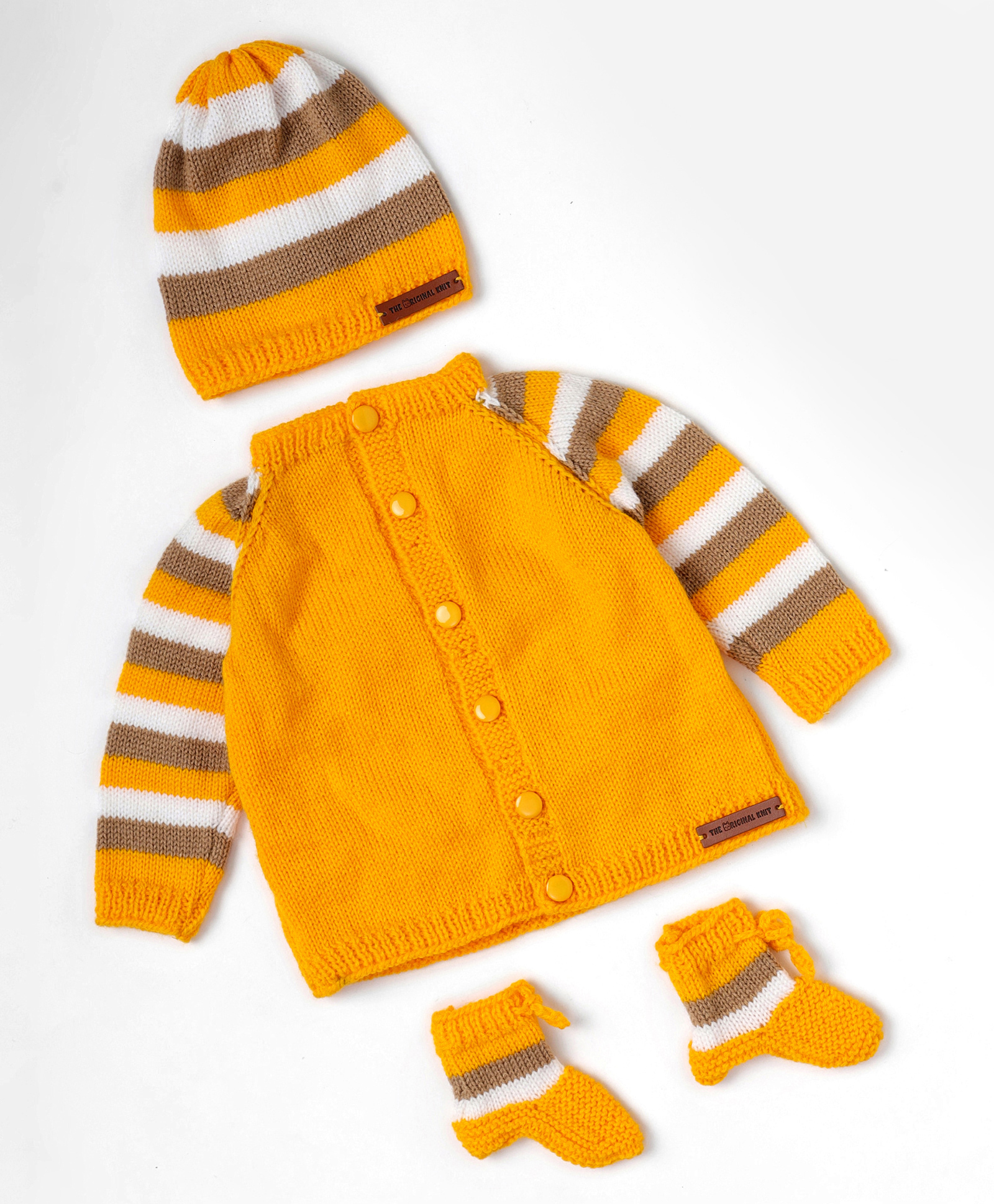 The Original Knit Knit Full Sleeves Striped Sweater With Coordinating Cap & Socks Set - Yellow & Brown-image-21