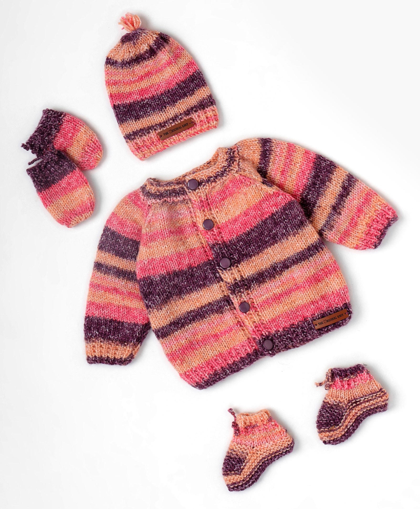 The Original Knit Knit Full Sleeves Striped Sweater With Coordinating Cap Mittens & Socks Set - Pink-picture-24
