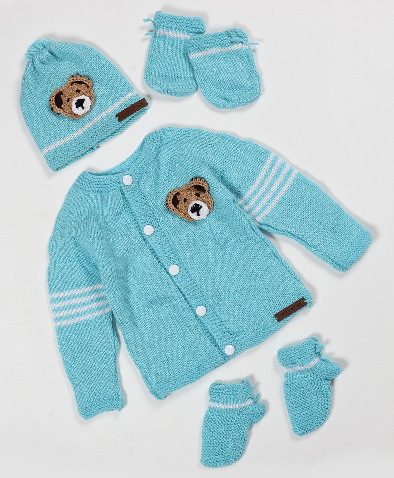 The Original Knit Knit Full Sleeves Teddy Bear Designed Sweater With Cap Mittens & Socks Set - Light Blue-image-42