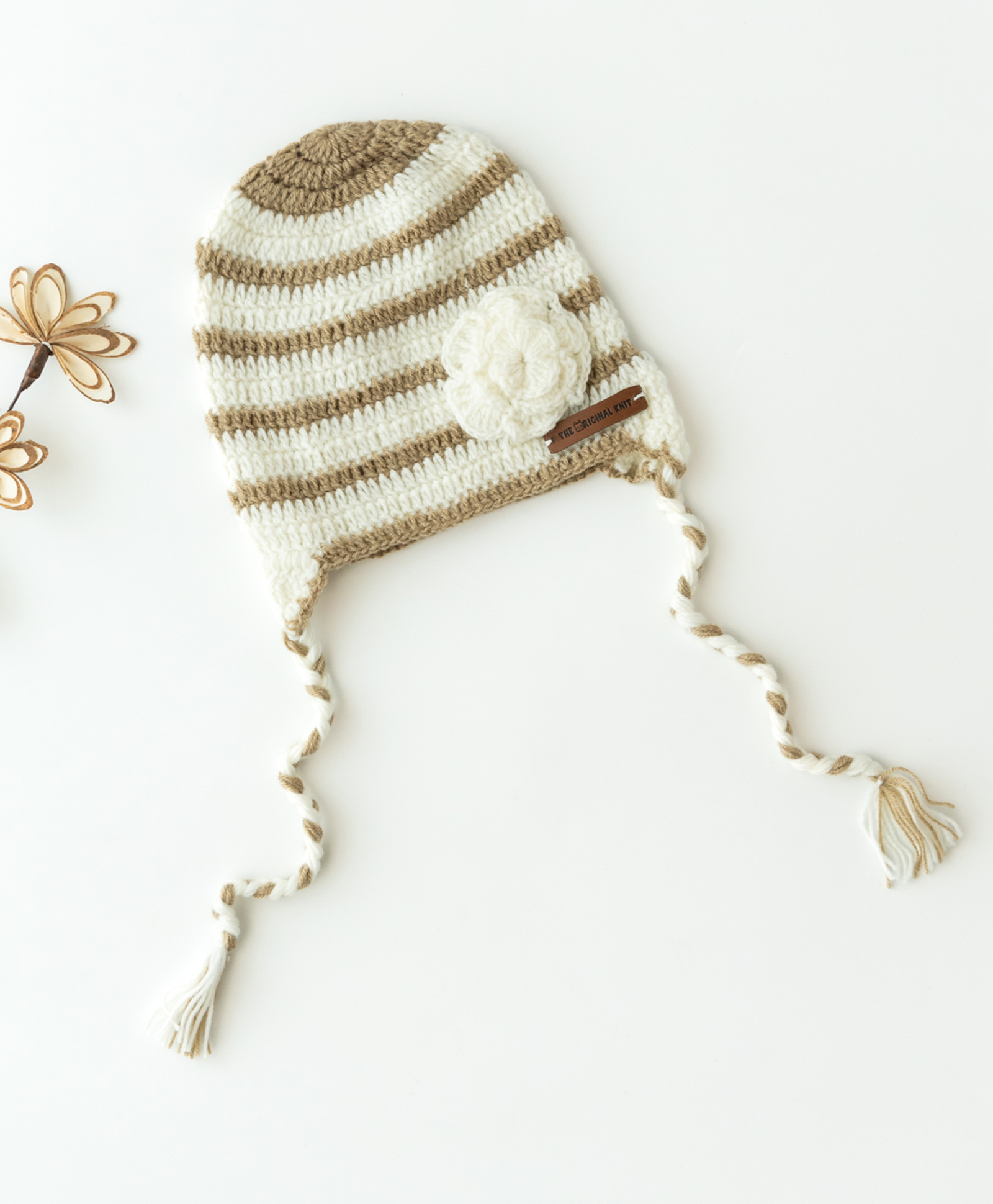 The Original Knit Striped & Floral Embroidered Cap - Off White & Beige - Diameter - 30cm-picture-20