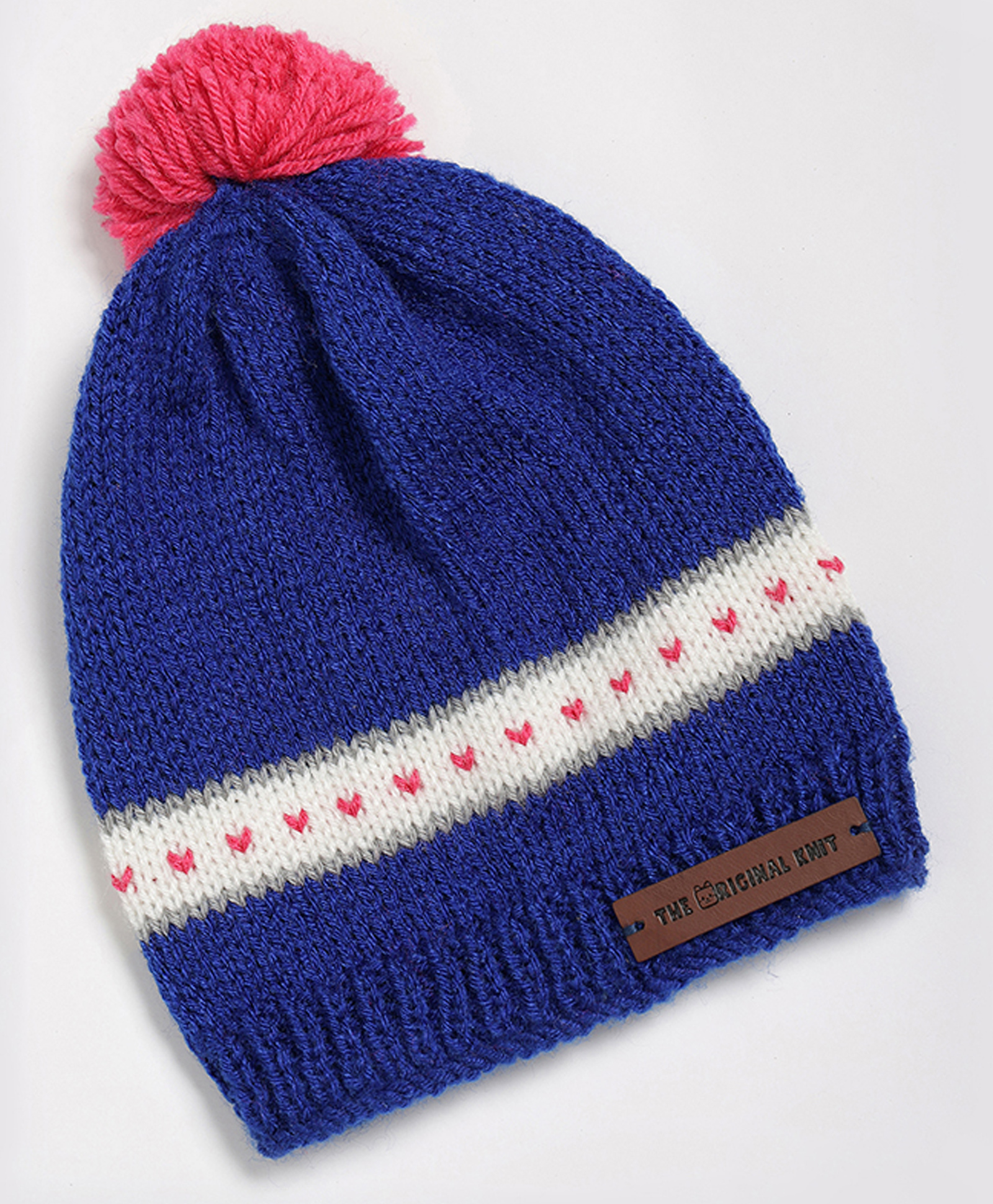 The Original Knit Hearts Designed Pom Pom Detailed Cap - Diameter - 30 Cms - Royal Blue & Off White-picture-25