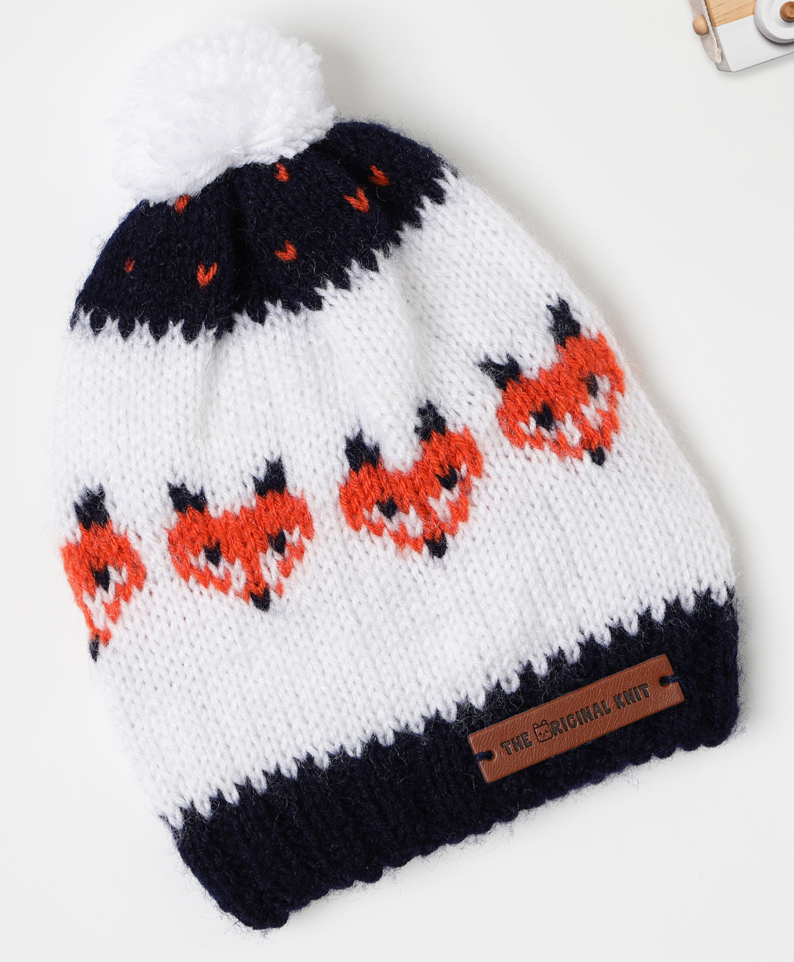 The Original Knit Knit Fox Designed Pom Pom Embellished Handmade Cap - White & Navy Blue - Diameter 34.5 Cm-picture-28