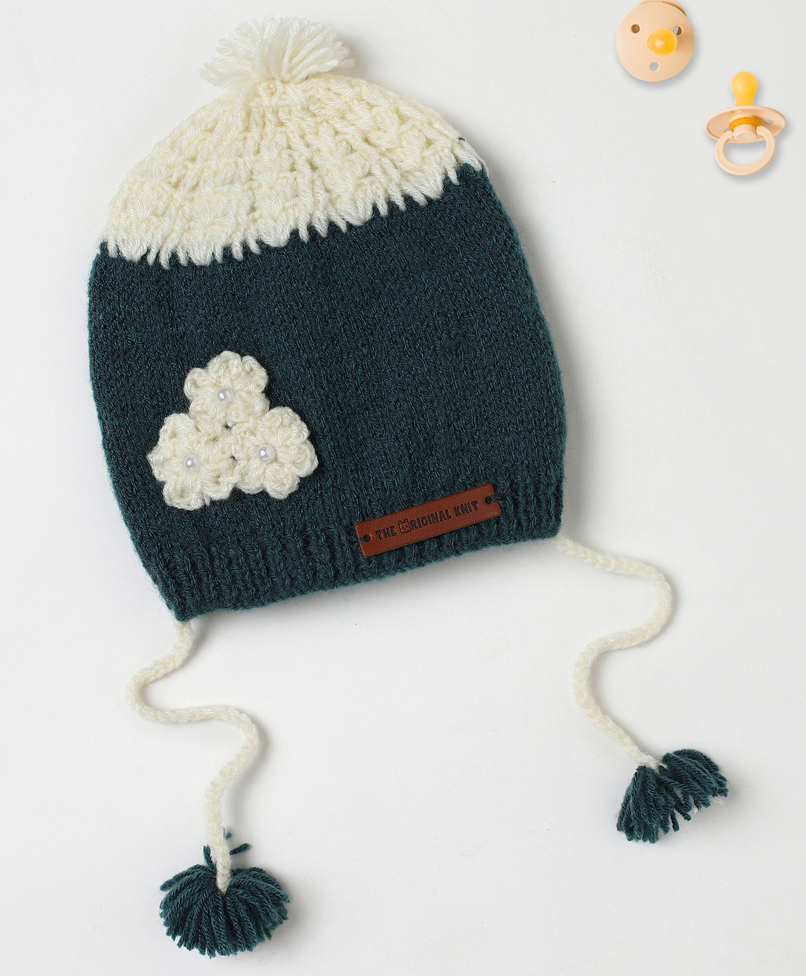 The Original Knit Knit Floral Crochet Designed With Pom Pom & Beads Embellished Handmade Cap - Dark Grey - Diameter - 34.5 Cm-picture-19