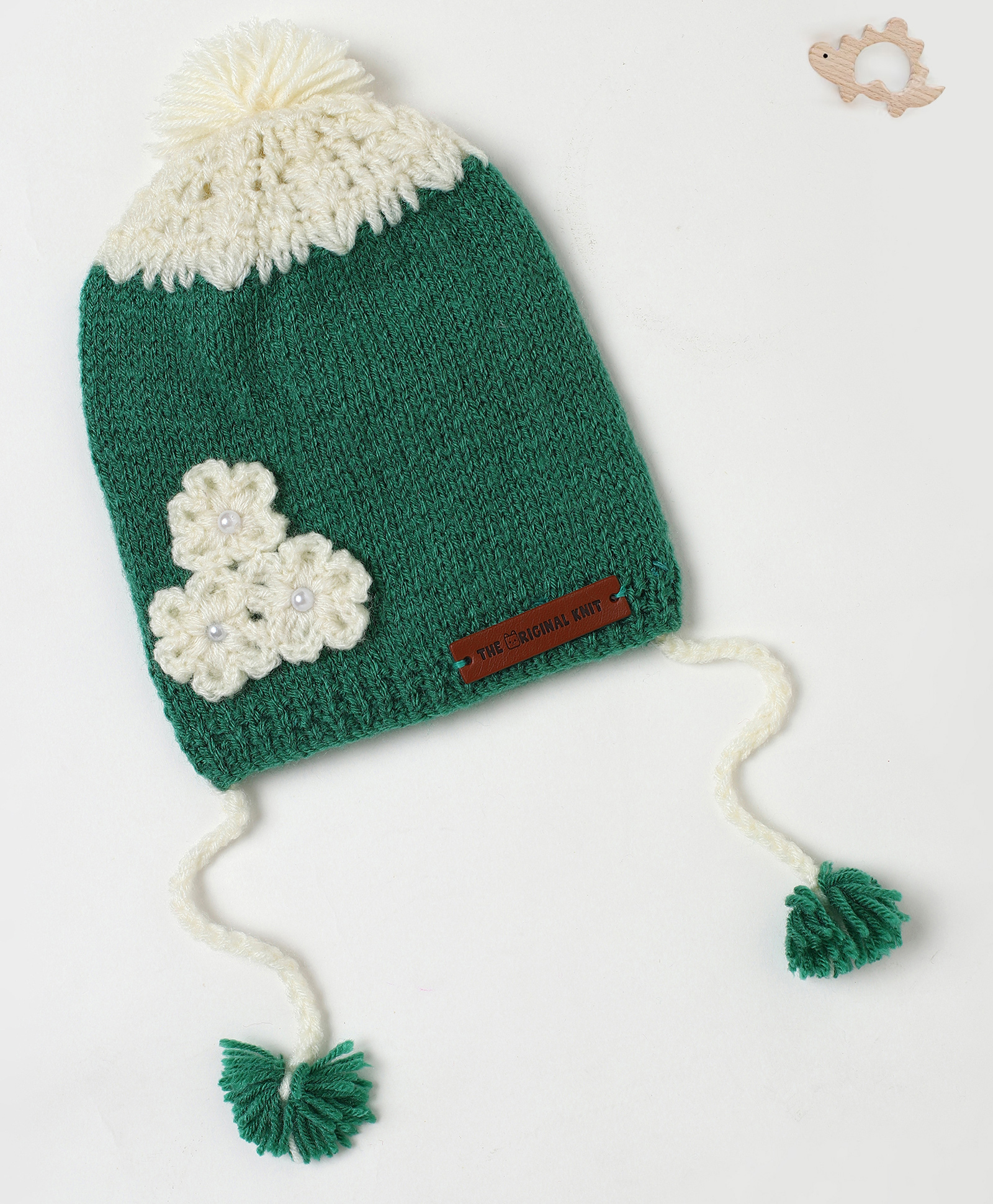 The Original Knit Knit Floral Crochet Designed With Pom Pom & Beads Embellished Handmade Cap - Green - Diameter - 34.5 Cm-picture-30