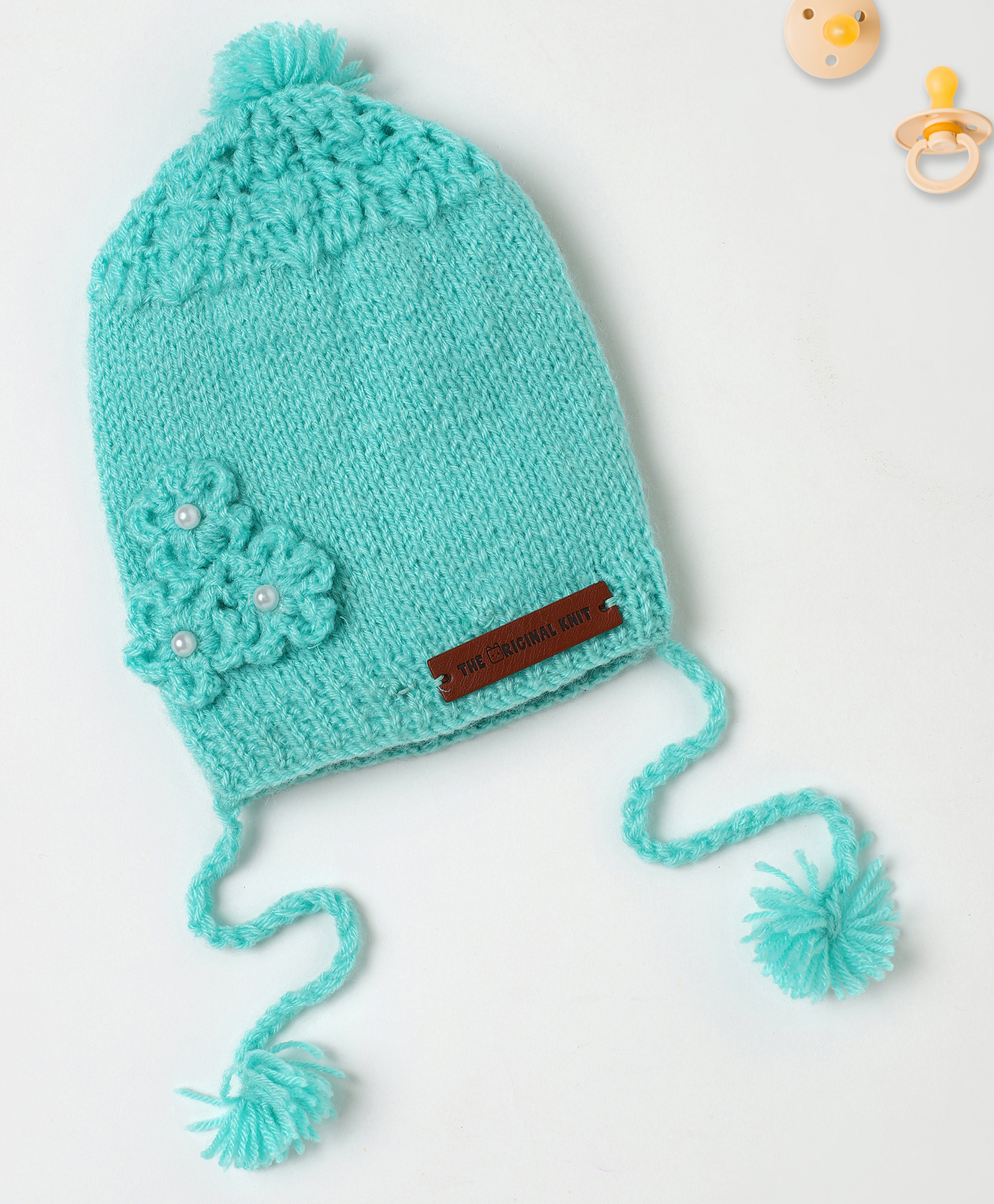 The Original Knit Knit Floral Crochet Designed With Pom Pom & Beads Embellished Handmade Cap - Sea Green - Diameter - 34.5 Cm-picture-13