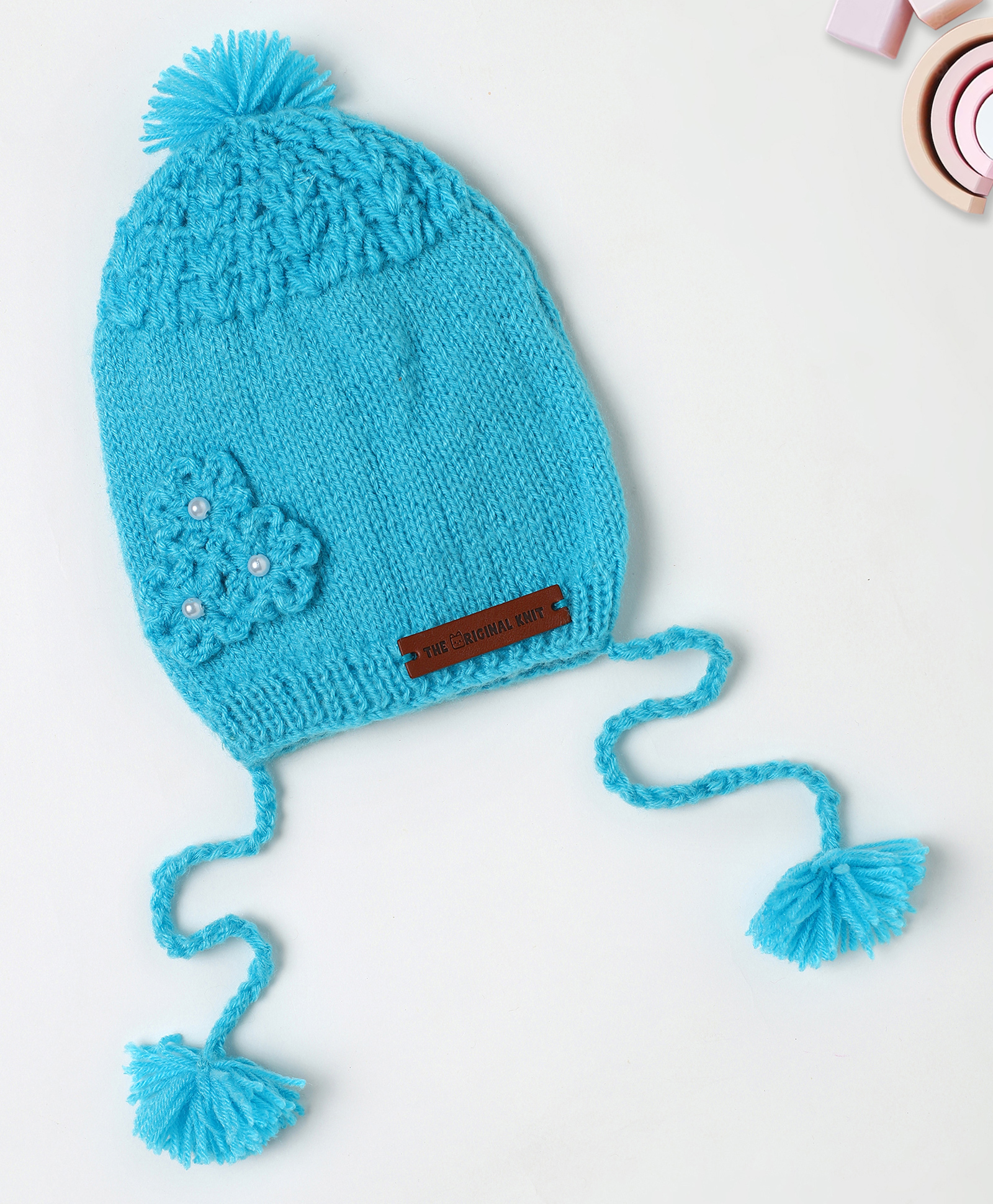 The Original Knit Knit Floral Crochet Designed With Pom Pom & Beads Embellished Handmade Cap - Blue - Diameter - 34.5 Cm-picture-17