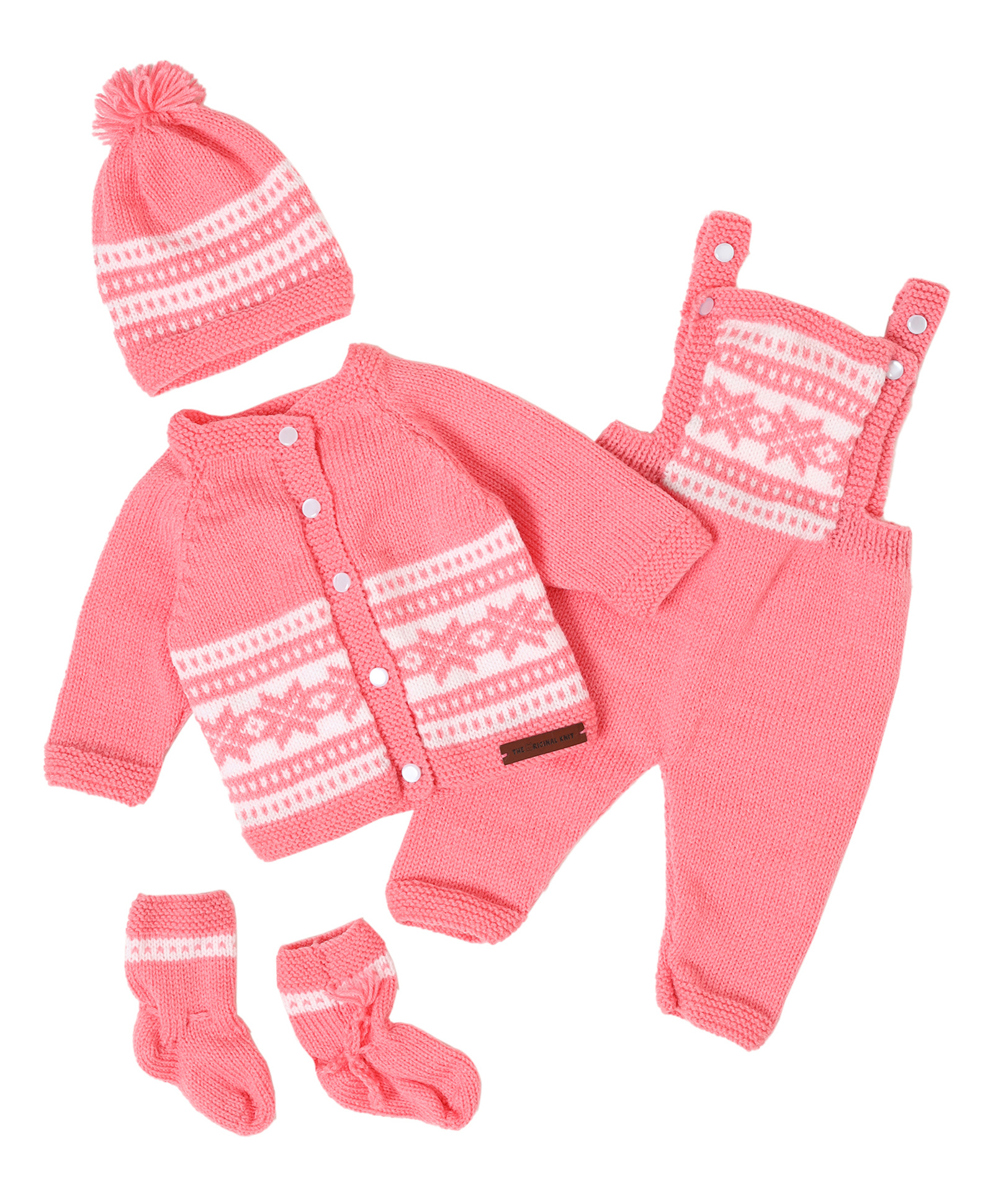 The Original Knit Full Sleeves Self Designed Sweater & Dungaree With Cap & Socks Set - Pink-picture-21