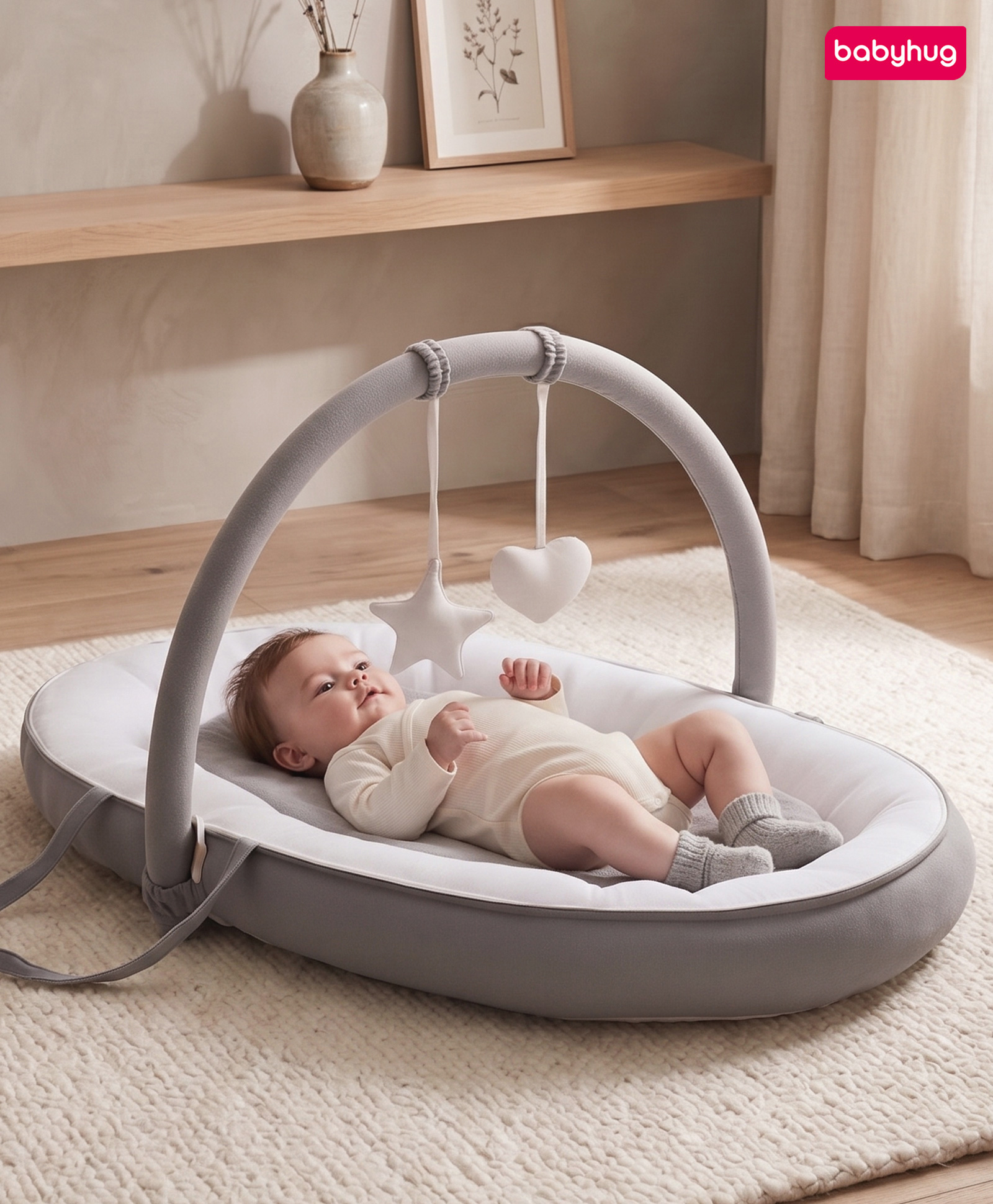 Babyhug 2-in-1 Premium Snuggle Nest with Mosquito Net & Diaper Changing Mat White & Grey| for 012 Months Babies| Soft Breathable Fabric| Portable Baby Bed| New Born Gifting Option-image-3
