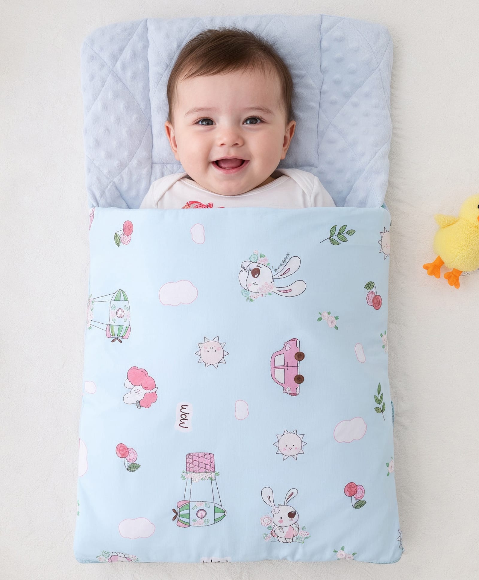 Babyhug Premium Sleeping Bag with Ultra Soft Bubble Lining Car Print - Blue| 100% Cotton| for 0-9 Months| Ultra Soft Lining| Smooth Zipper| All Season| Breathable & Cozy| Use as Carry Nest Mattress