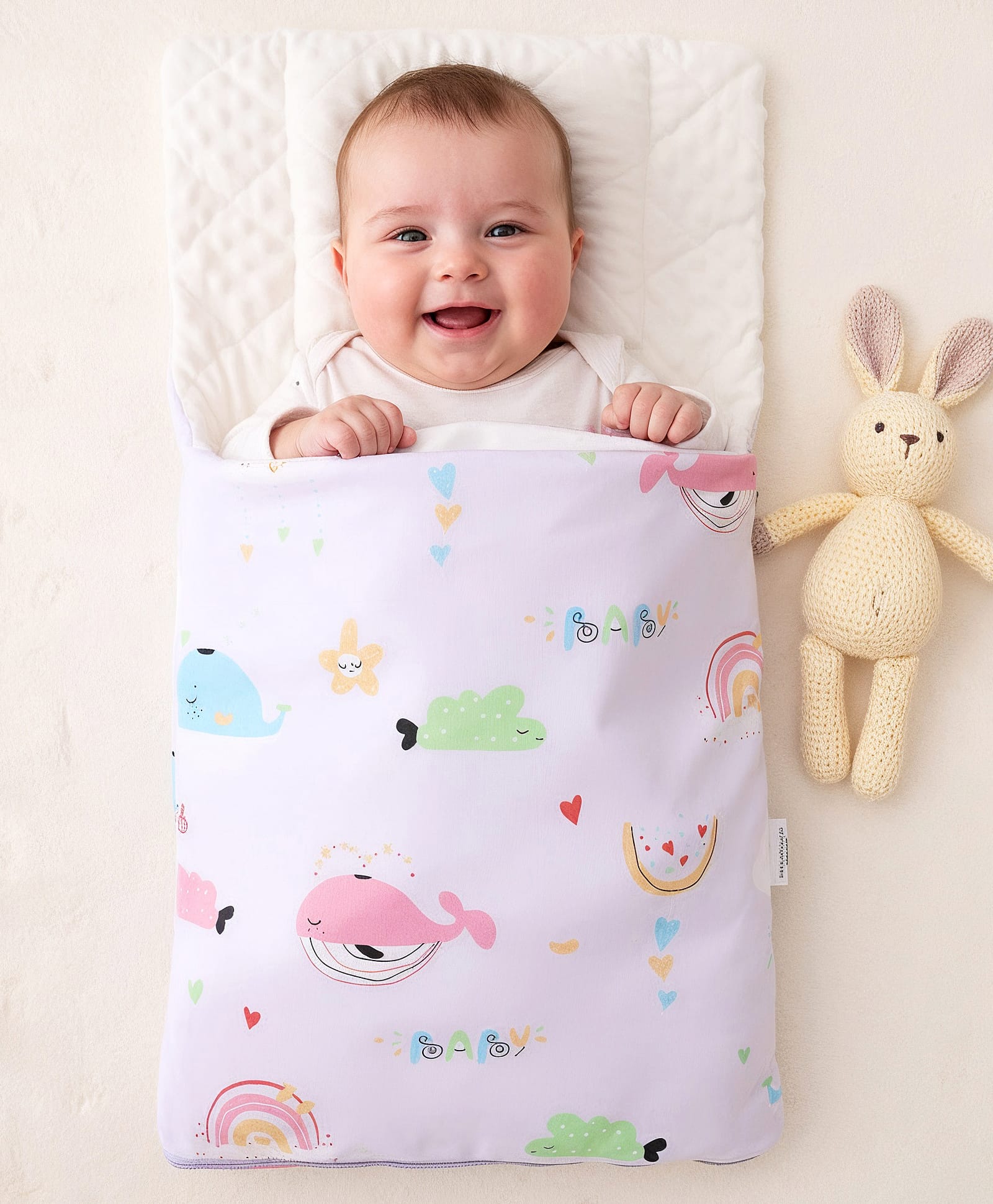Babyhug Premium Sleeping Bag with Ultra Soft Bubble Lining Whale Print - Lilac| 100% Cotton| for 0-9 Months| Ultra Soft Lining| Smooth Zipper| All Season| Breathable & Cozy| Use as Carry Nest Mattress