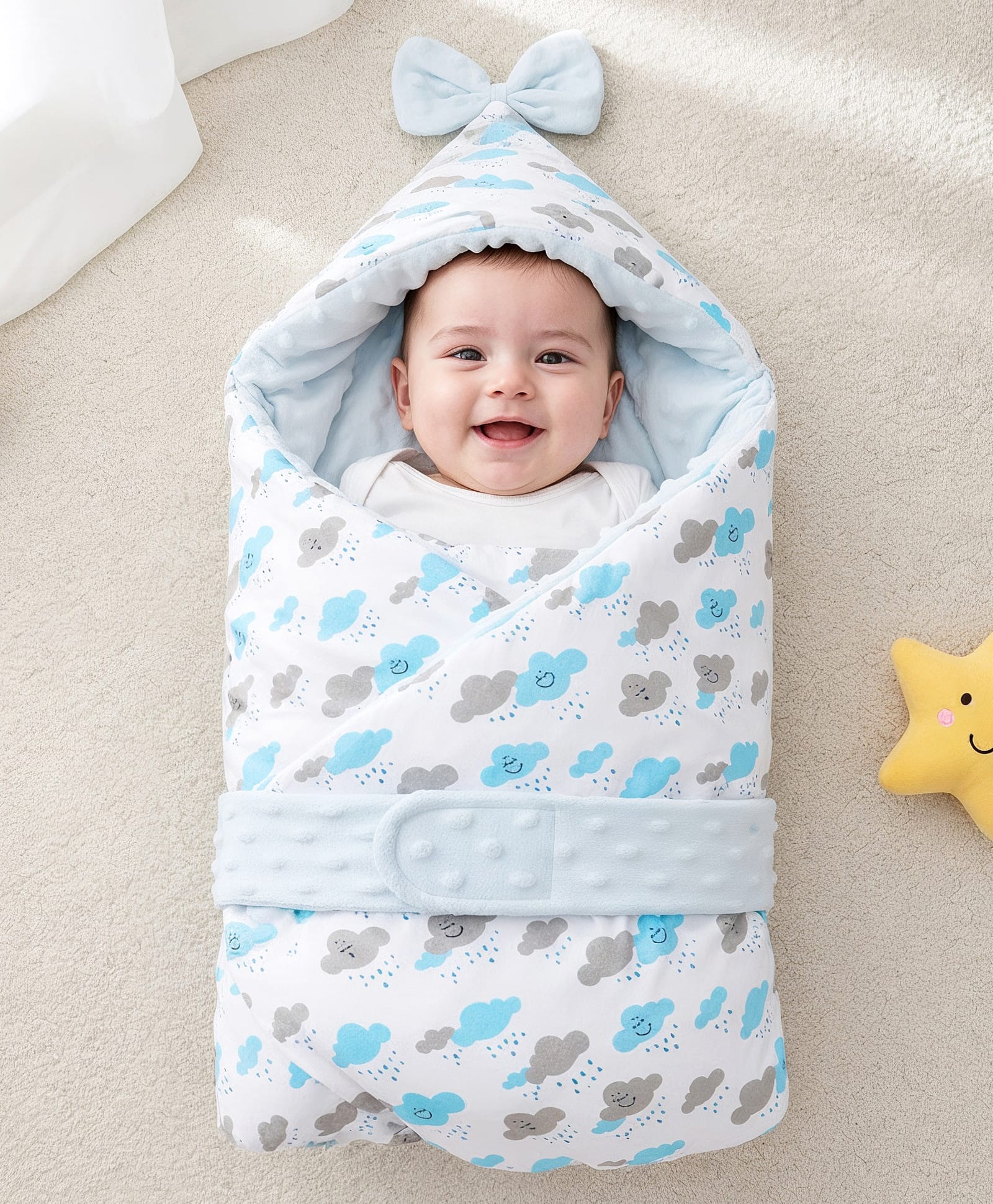 ZOE Hooded Wrapper with Ultra-Soft Bubble Lining Cloud Print - Blue| Breathable Polycotton Fabric| Secure Velcro Closure| Newborns Gifting Option| for 0-6 Months| Machine Washable-image-22