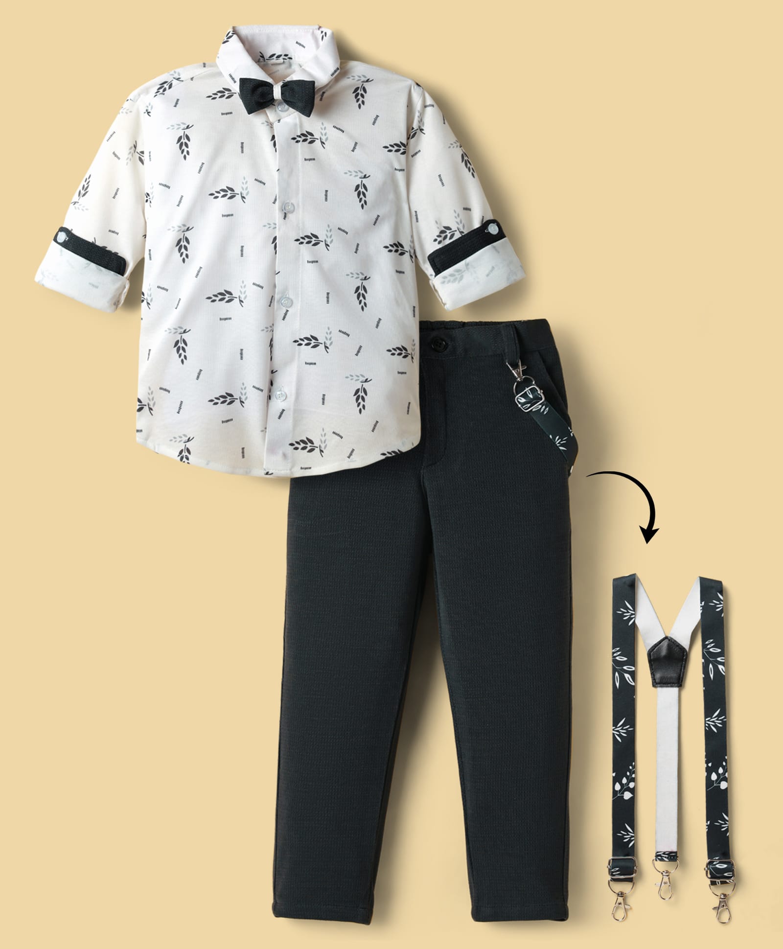 Radutu Full Sleeves Leaves Printed Shirt Pant With Bow & Suspender Set - White & Charcoal Grey-picture-37