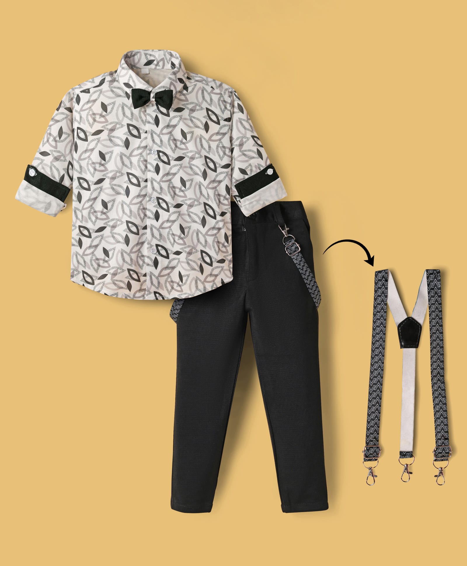 Radutu Full Sleeves Abstract Printed Shirt Pant With Bow & Suspender Set - White & Black-picture-27