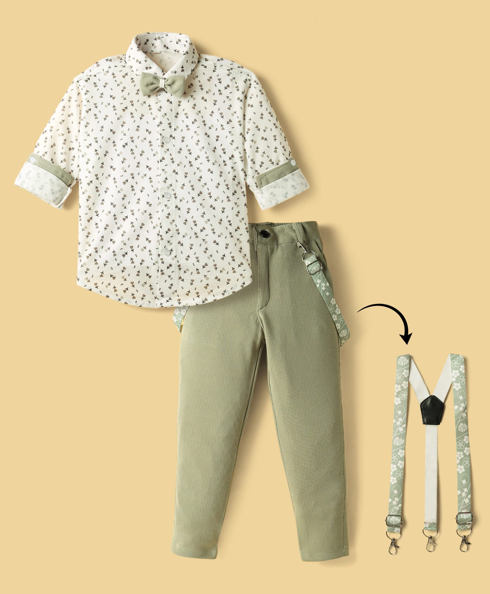 Radutu Full Sleeves Floral Pinted Shirt Pant With Bow & Suspender Set - White & Pista-picture-36