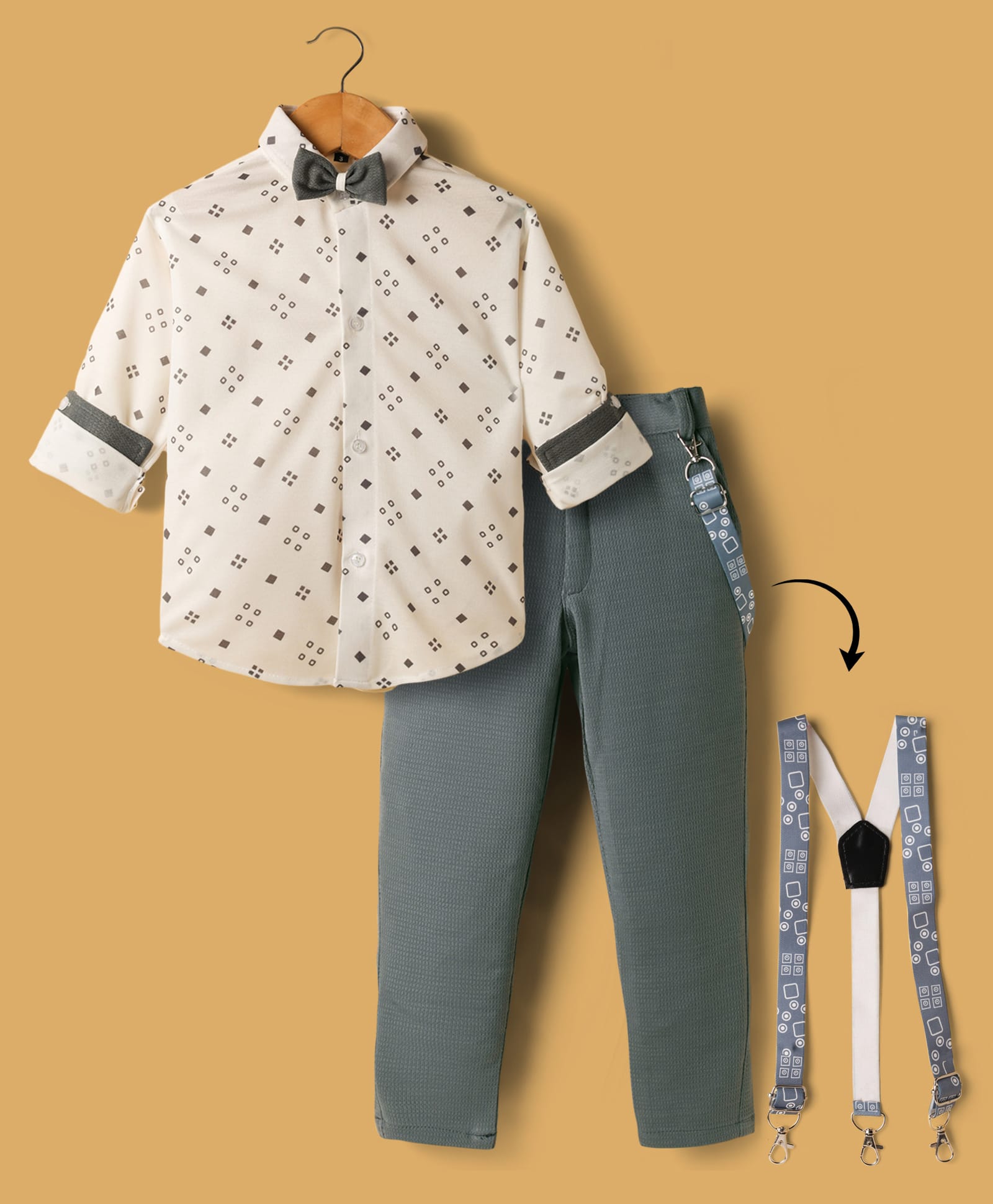 Radutu Full Sleeves Abstract Printed Shirt Pant With Bow & Suspender Set - White & Grey-picture-26