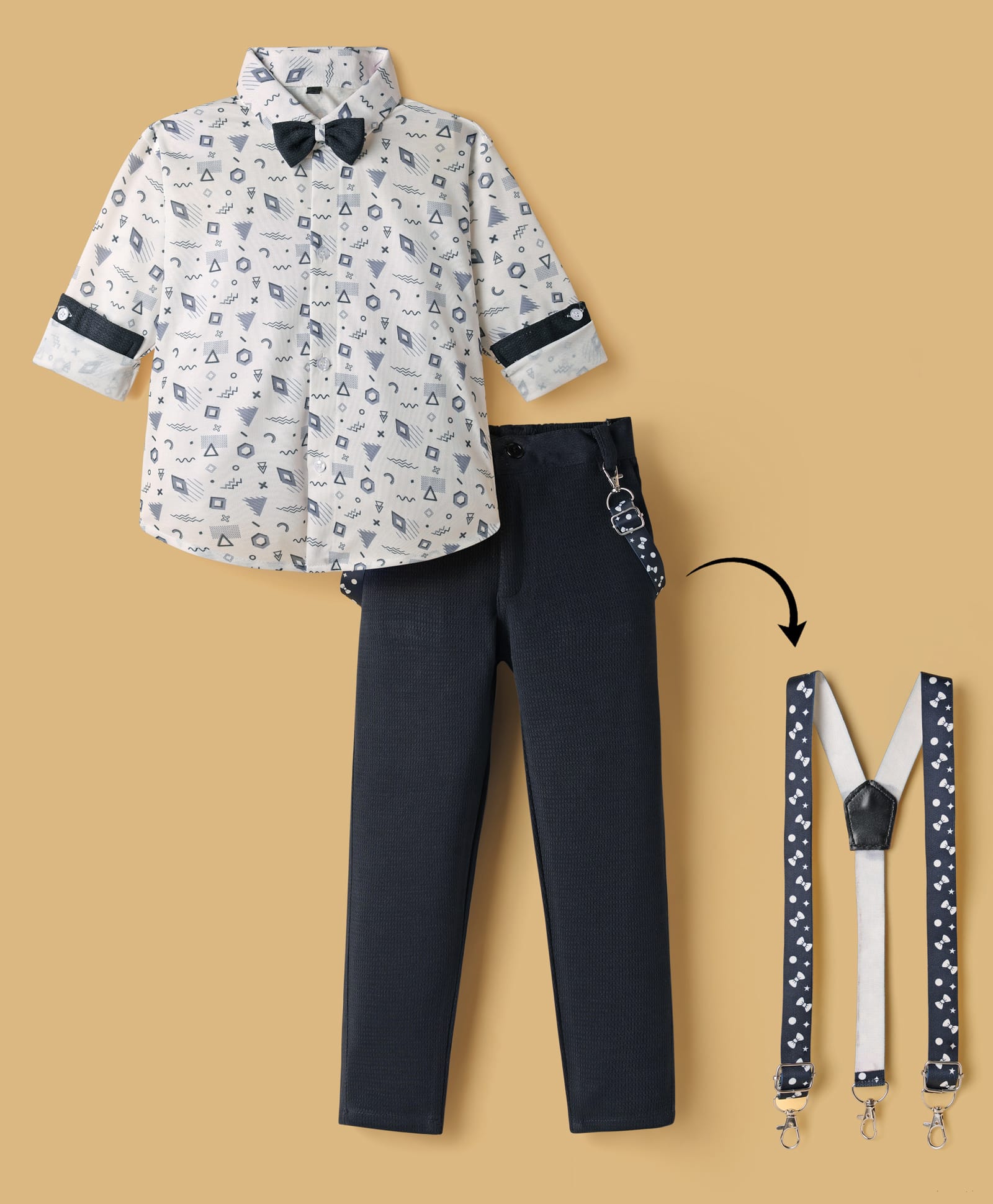 Radutu Full Sleeves Abstract Printed Shirt Pant With Bow & Suspender Set - White & Navy Blue-picture-15