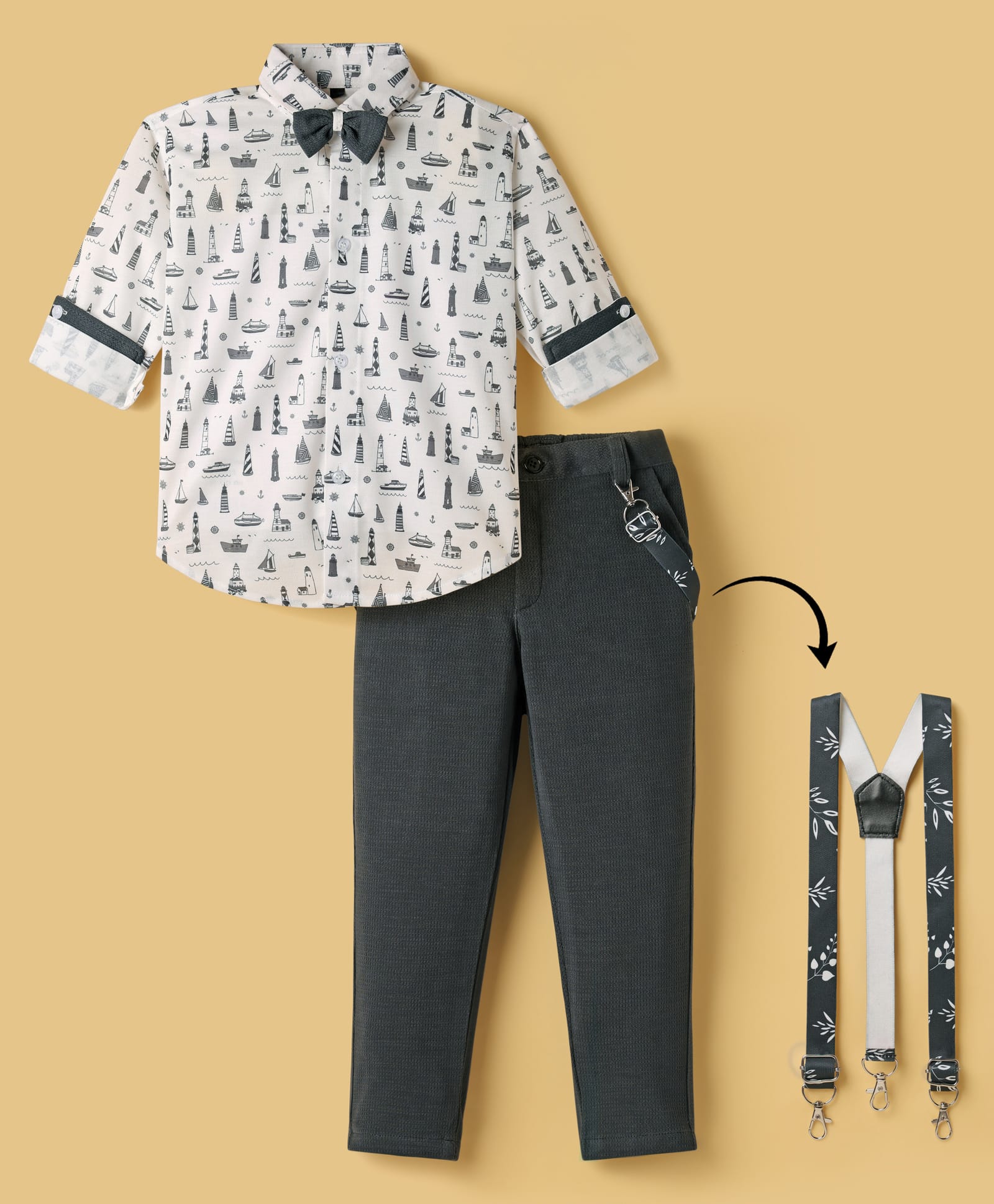 Radutu Full Sleeves Nautical Theme Printed Shirt Pant With Bow & Suspender Set - White & Dark Grey-image-21