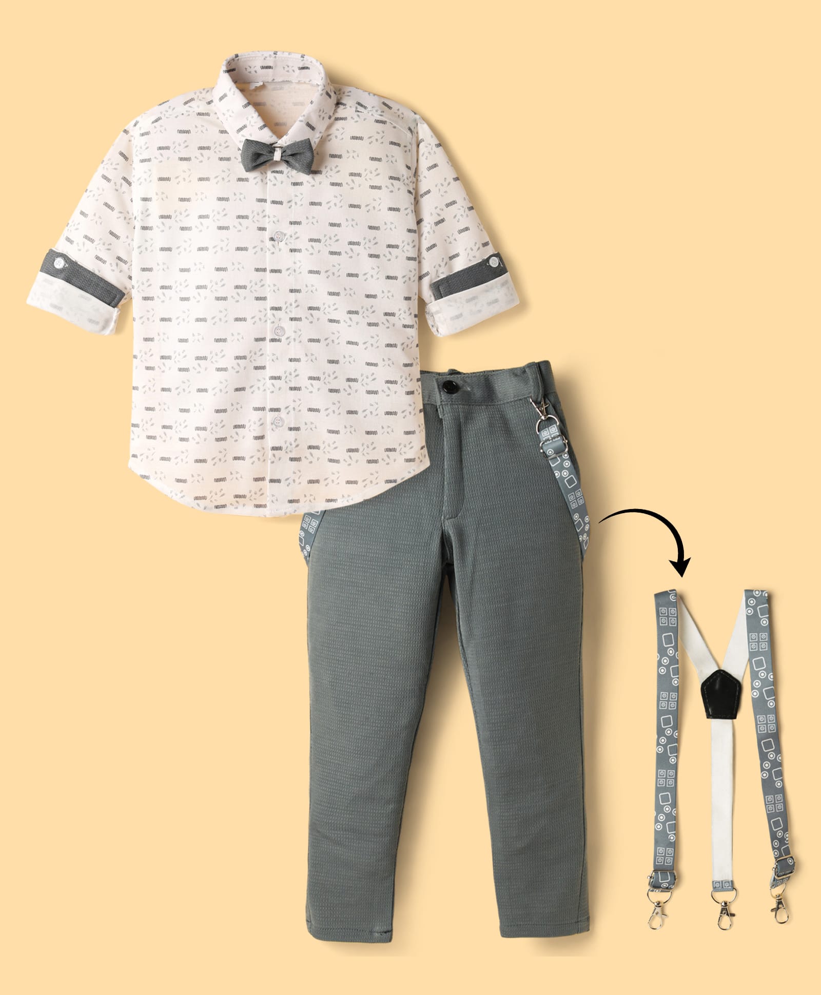 Radutu Full Sleeves Abstract Printed Shirt Pant With Bow & Suspender Set - White & Grey-picture-14