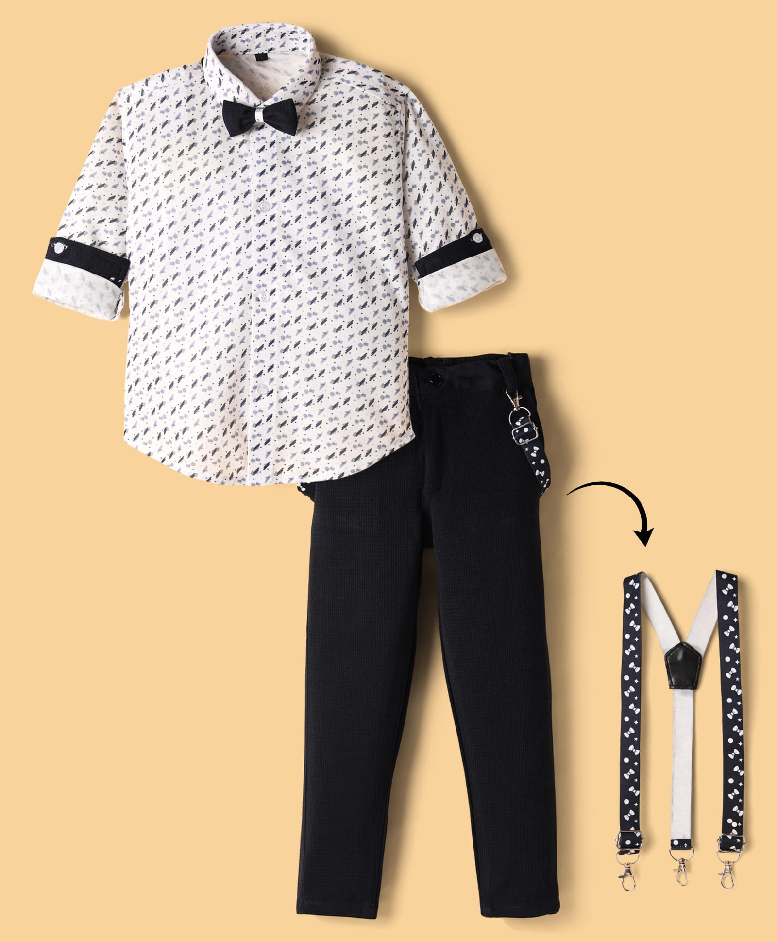 Radutu Full Sleeves Abstract Printed Shirt Pant With Bow & Suspender Set - White & Navy Blue-picture-16