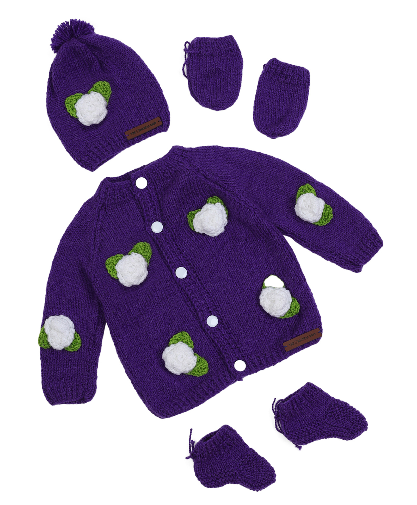 The Original Knit Full Sleeves Floral Embroidered Sweater With Cap Mittens & Socks Set - Purple-picture-25