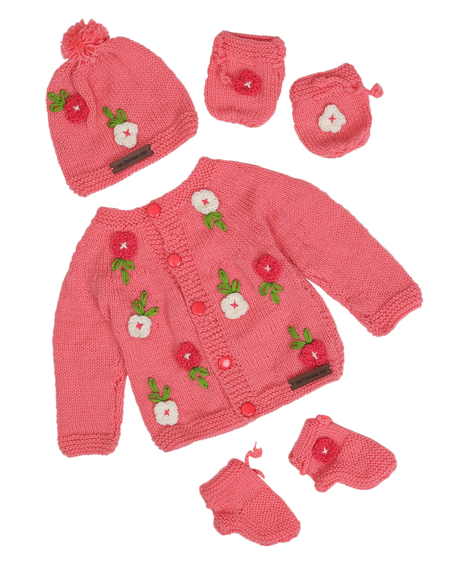 The Original Knit Full Sleeves Floral Embroidered Sweater With Cap Mittens & Socks Set - Rose Pink-image-28