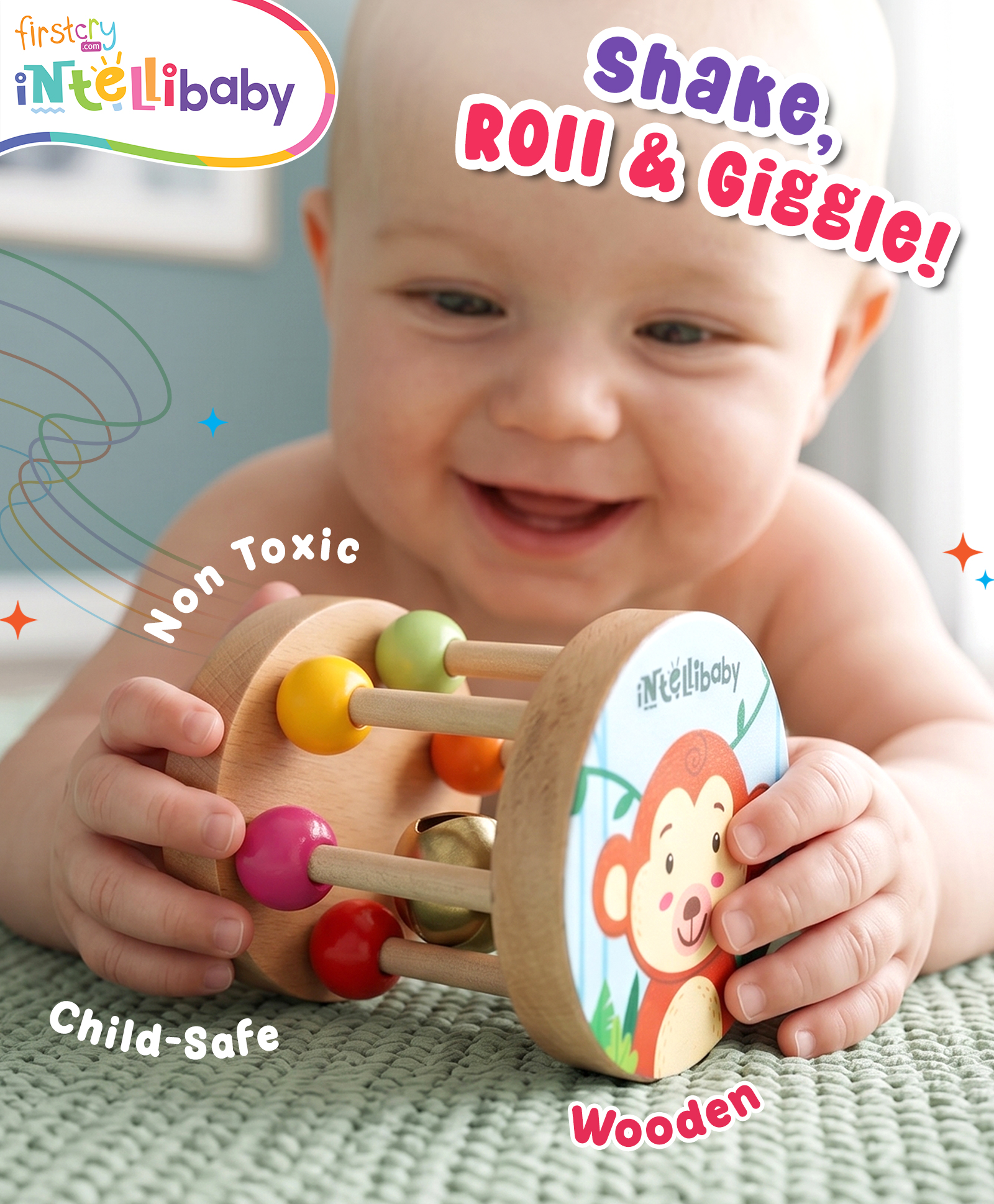Intellibaby Wooden Rolling Bead Rattle for Babies | Cute Jungle Animal Theme | Non Toxic & Smooth Finish | Tummy-Time & Crawling Play | Paediatrician Approved | BIS Certified | Ideal for Gifting-image-35