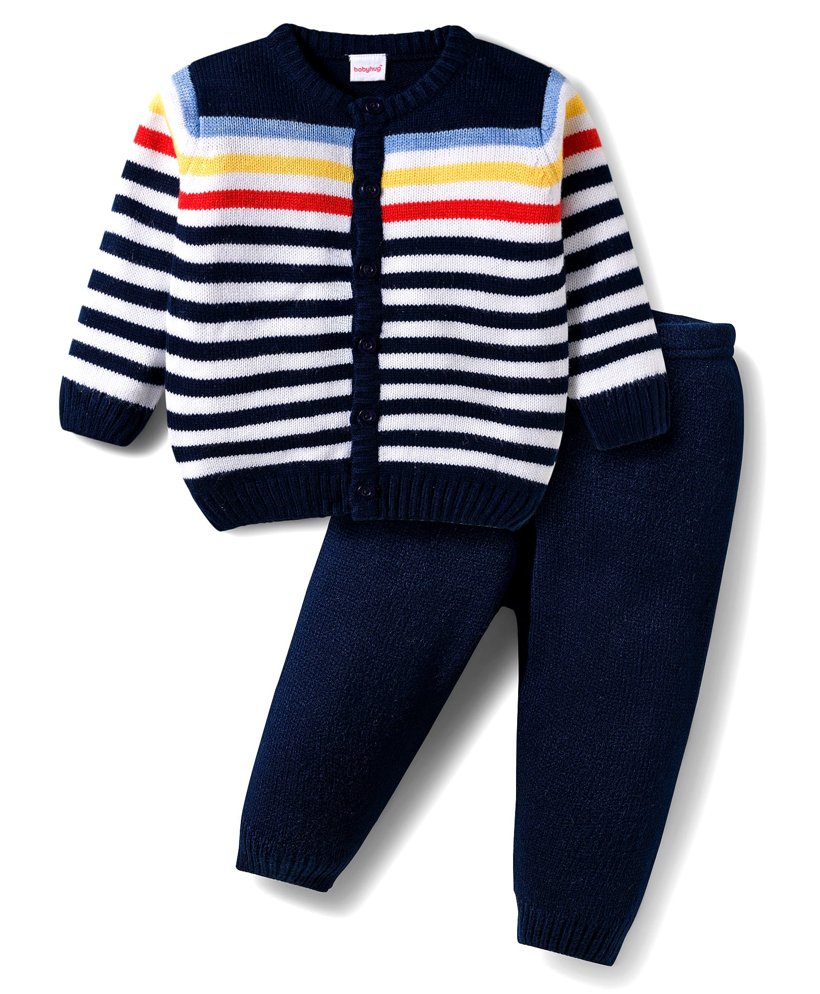 Babyhug Knitted Full Sleeves Striped Sweater Set - Navy Blue-picture-20