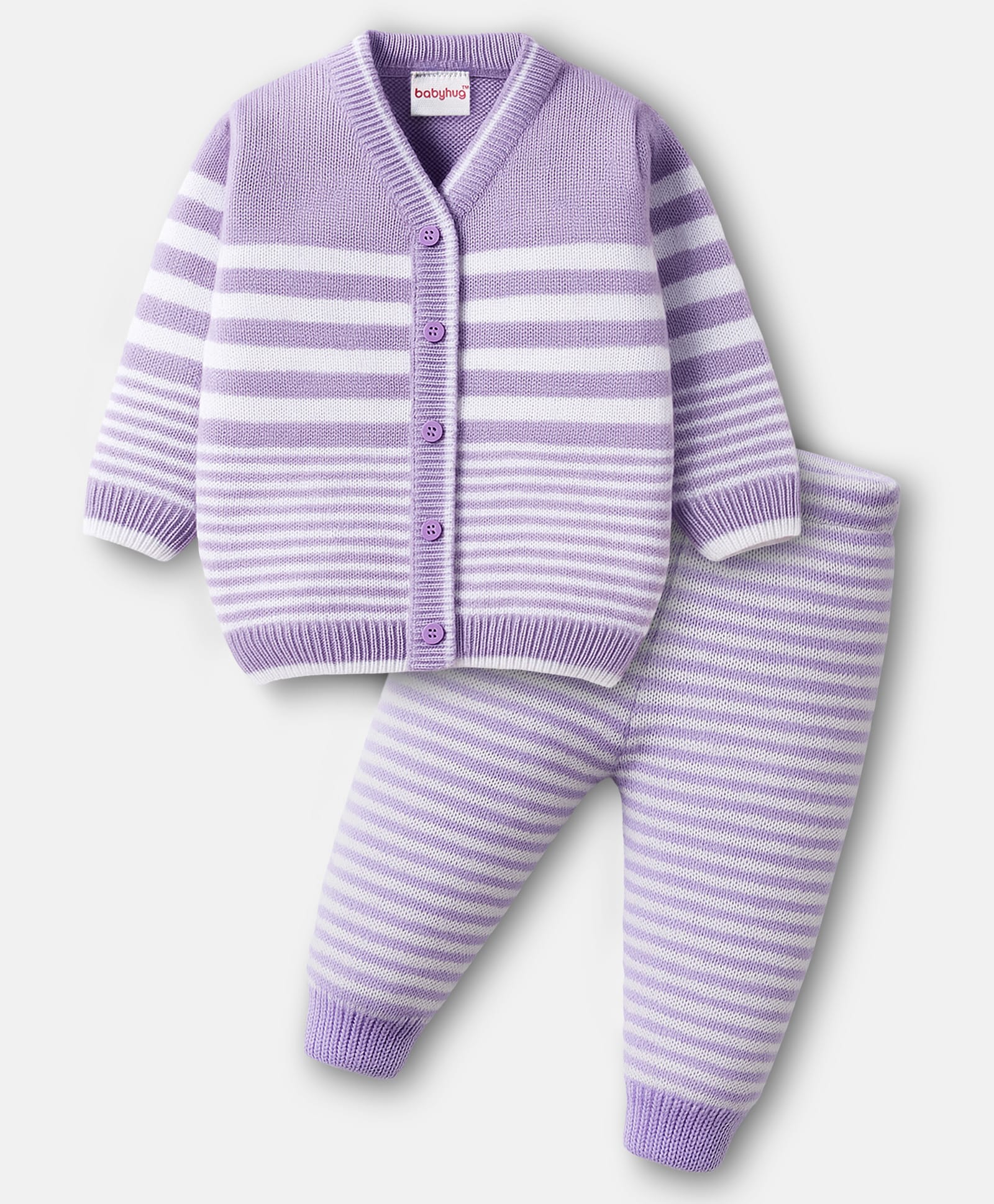 Babyhug Knit Full Sleeves Front Open Sweater Set with Stripes - Lavender-image-10