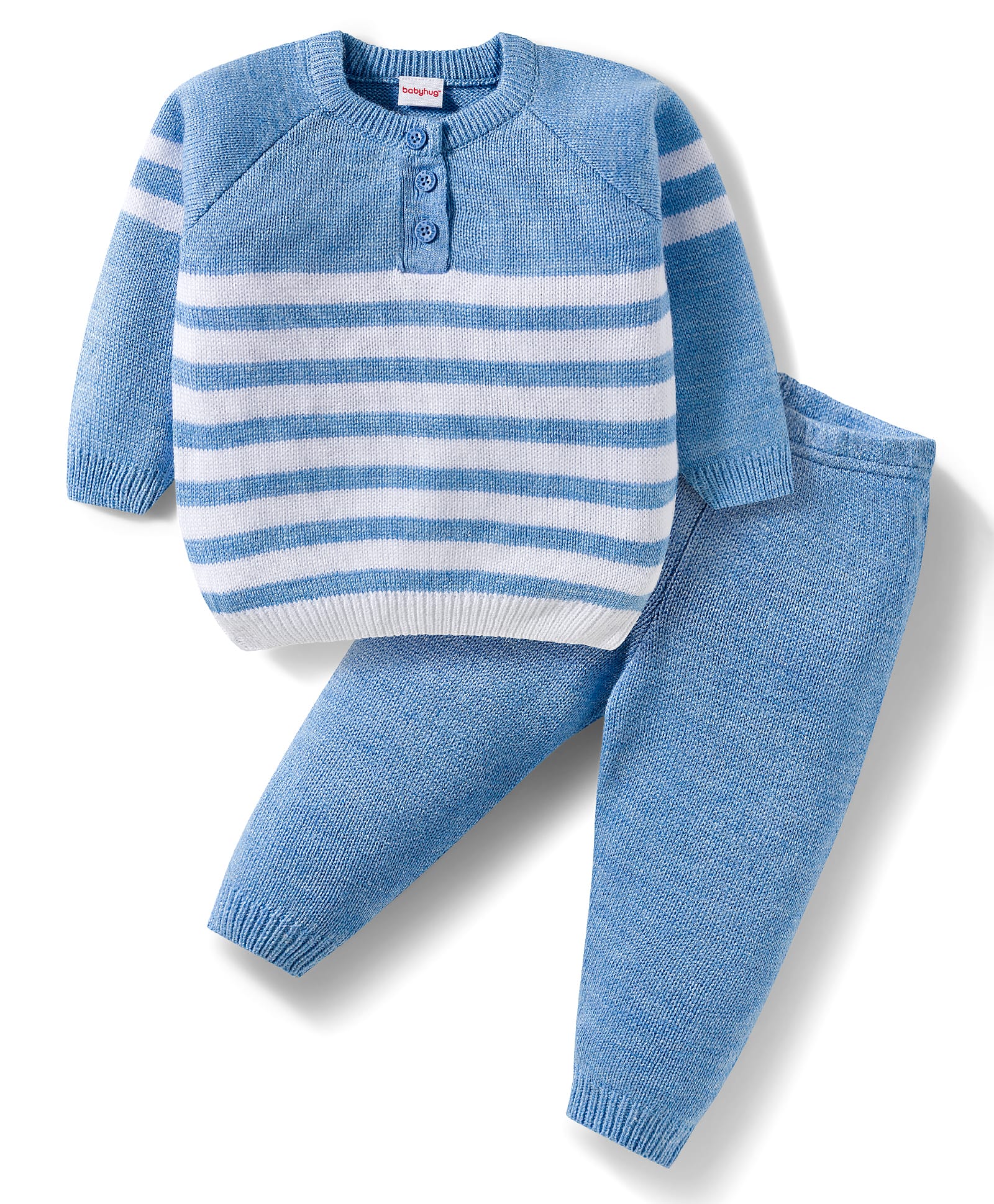 Babyhug Knitted Full Raglan Sleeves Striped Sweater Set - Light Blue-image-12