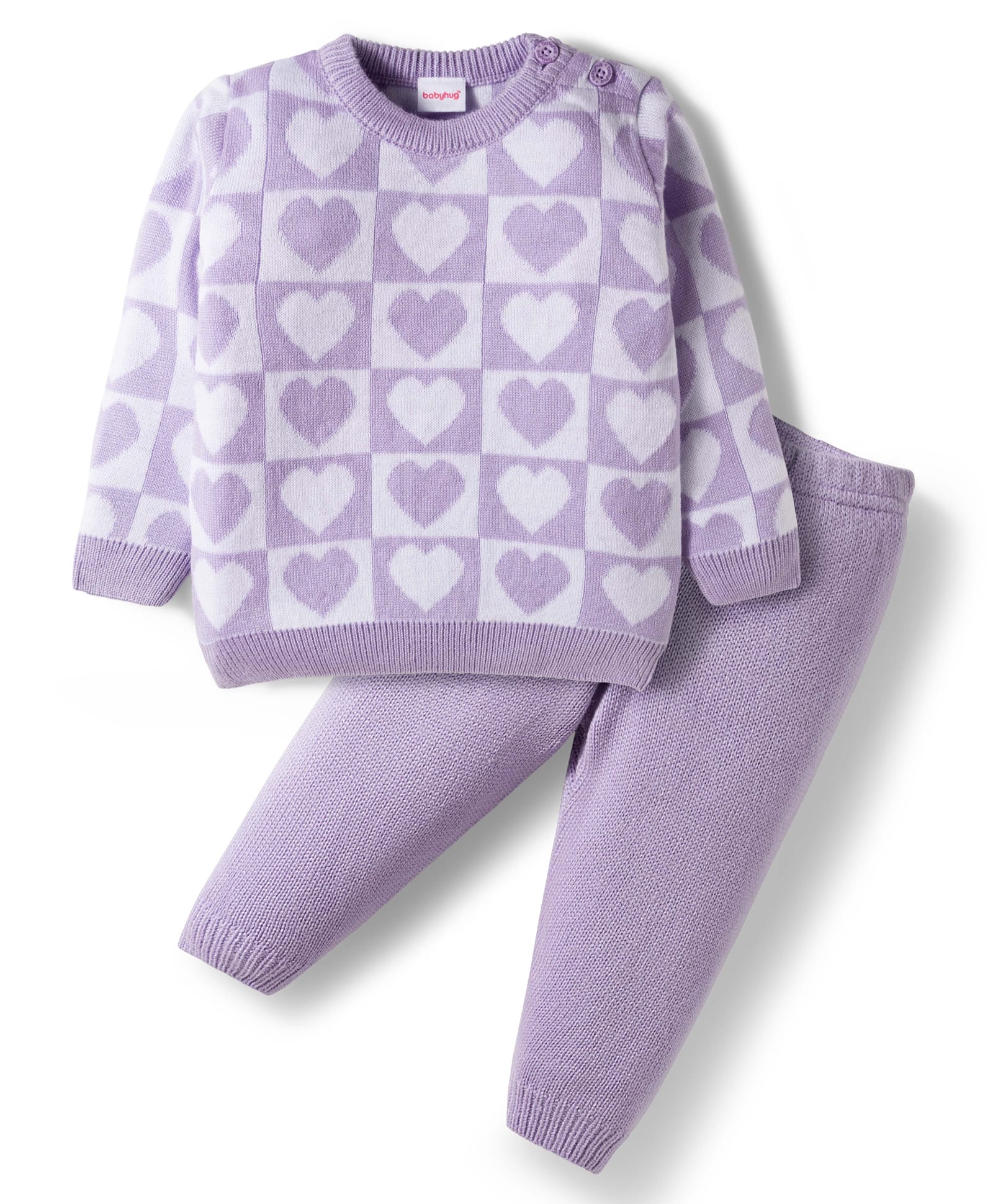 Babyhug Knit Full Sleeves Solid Color Pullover Sweater Set with Heart Design - Lavender-picture-26